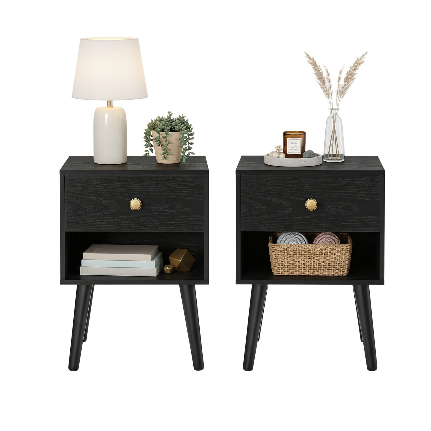 Nightstands Set of 2 - Solid Wood - Ebony Black - Storage Drawer and Open Shelf