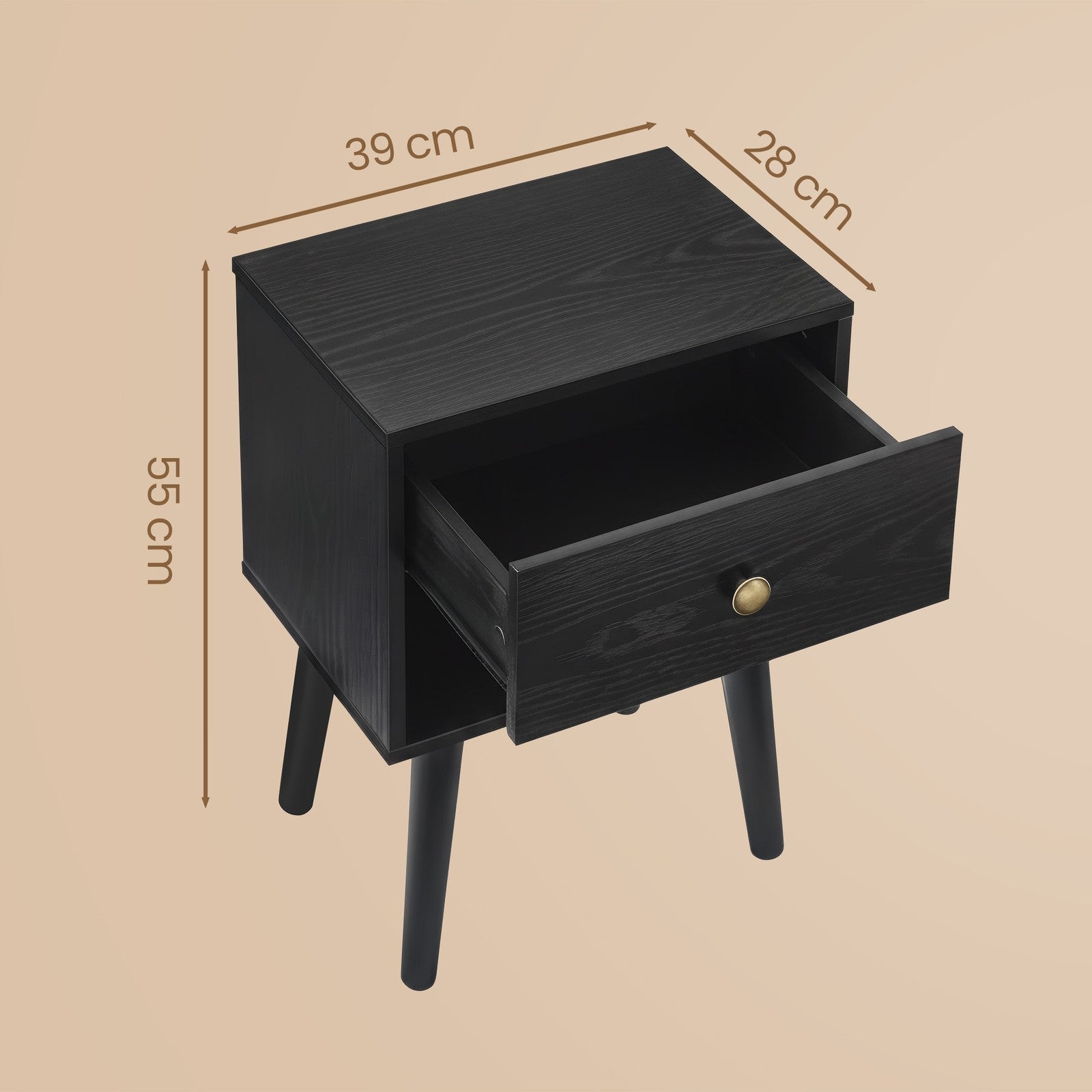 Nightstands Set of 2 - Solid Wood - Ebony Black - Storage Drawer and Open Shelf