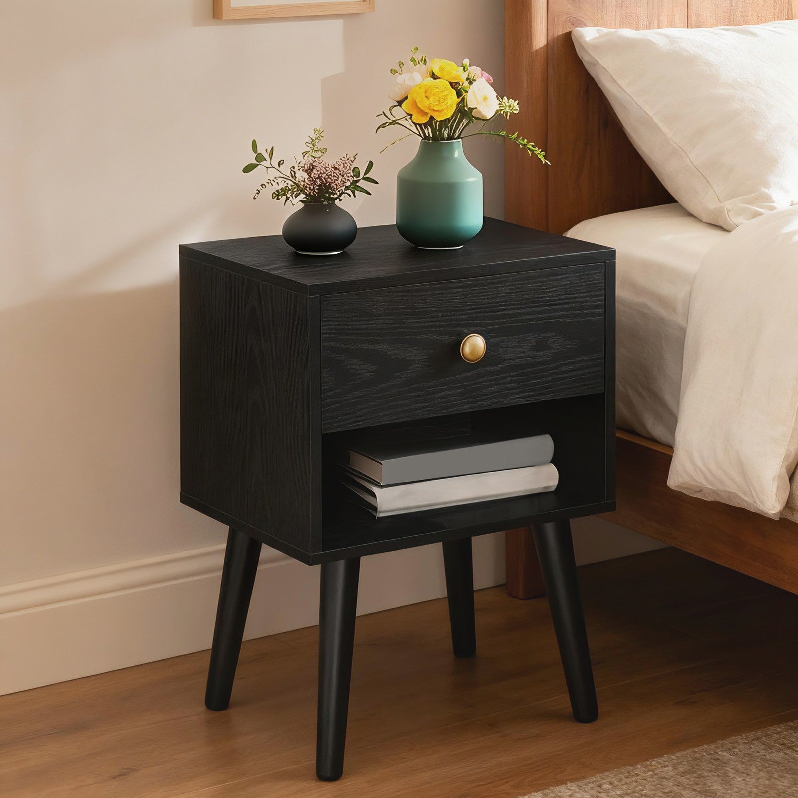 Nightstands Set of 2 - Solid Wood - Ebony Black - Storage Drawer and Open Shelf