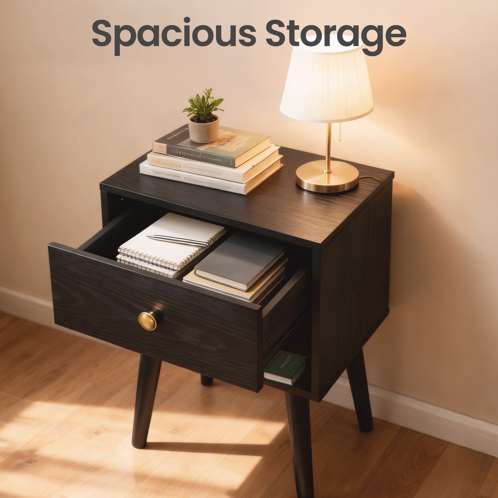 Nightstands Set of 2 - Solid Wood - Ebony Black - Storage Drawer and Open Shelf