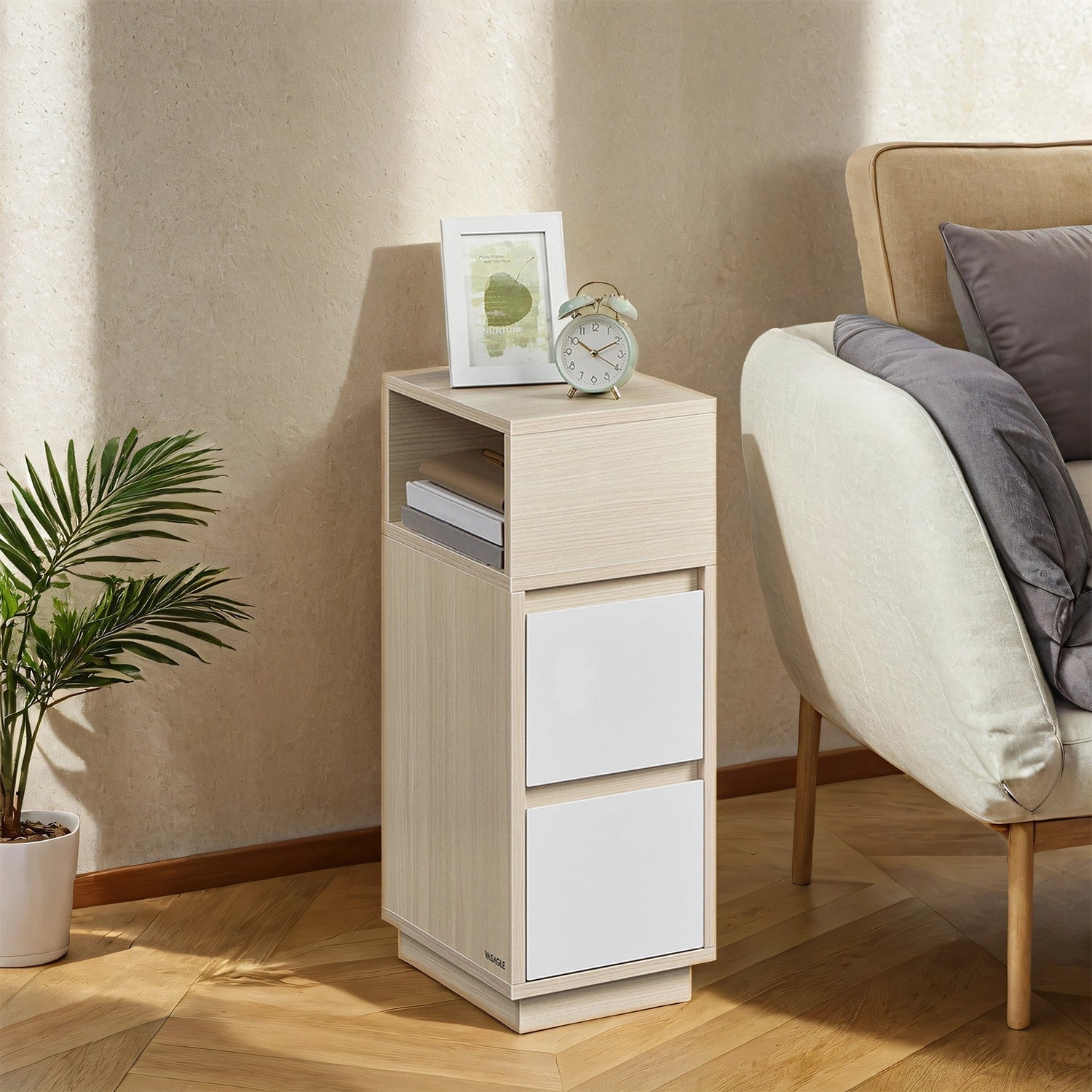 Set of 2 Narrow Side Tables - Wood - Beige - Slim Design with 2 Drawers and 1 Open Compartment
