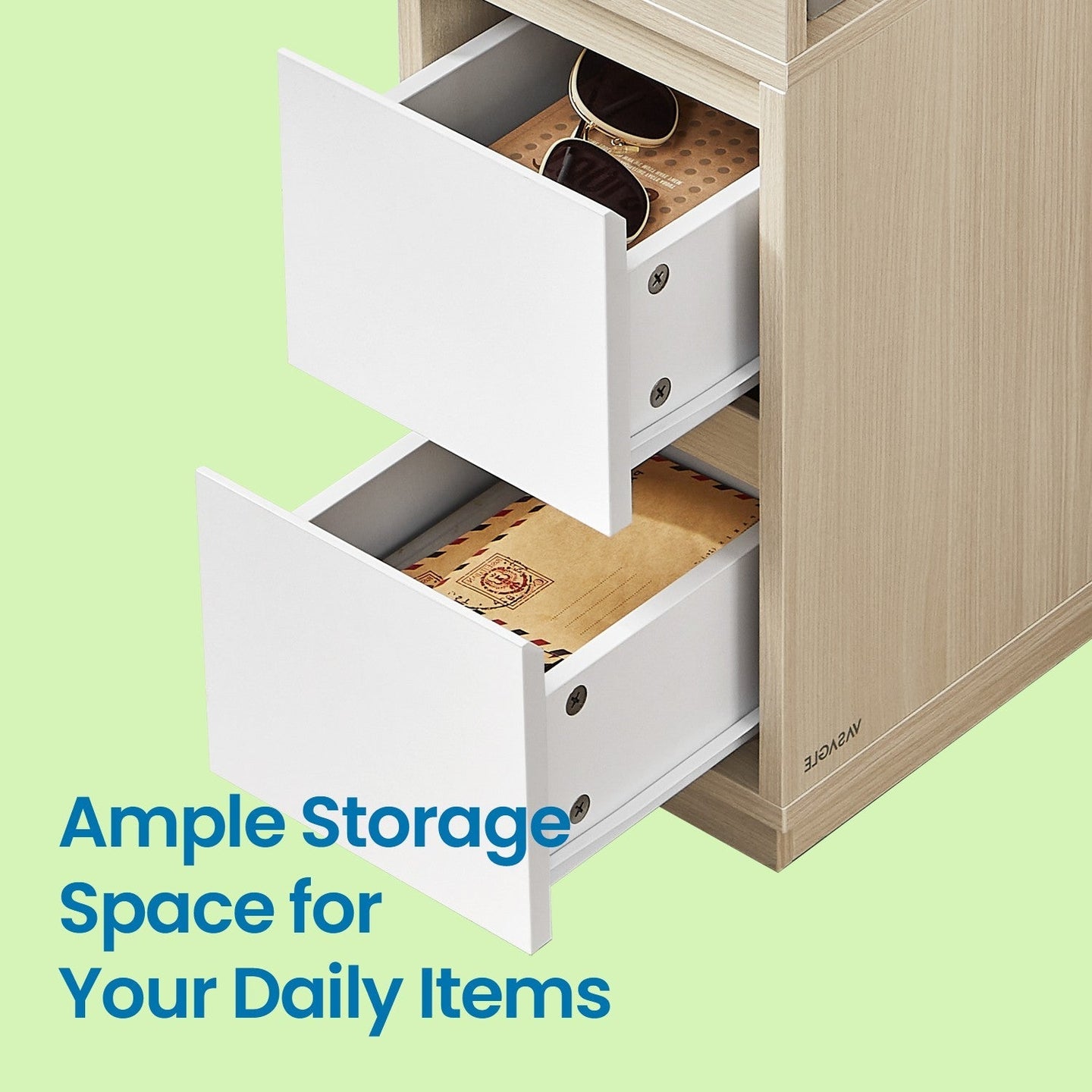 Set of 2 Narrow Side Tables - Wood - Beige - Slim Design with 2 Drawers and 1 Open Compartment