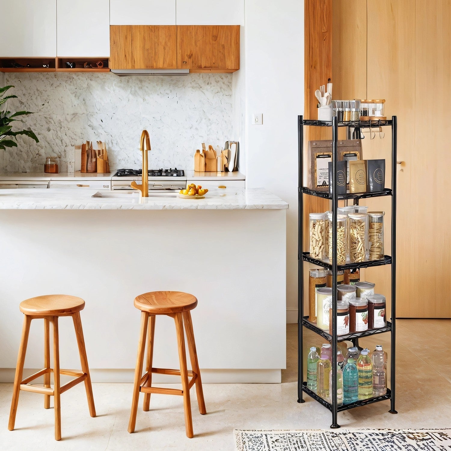 Metal Bathroom Shelf - Black - 5-Tier with Removable Hooks and Expandable Design
