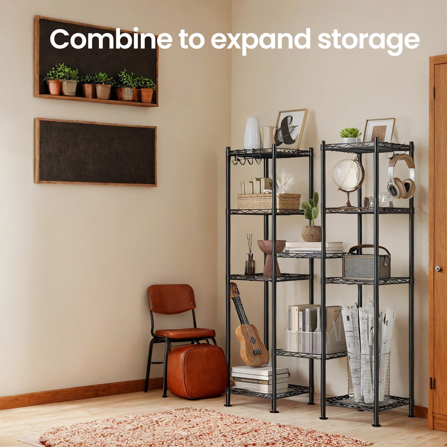 Metal Bathroom Shelf - Black - 5-Tier with Removable Hooks and Expandable Design