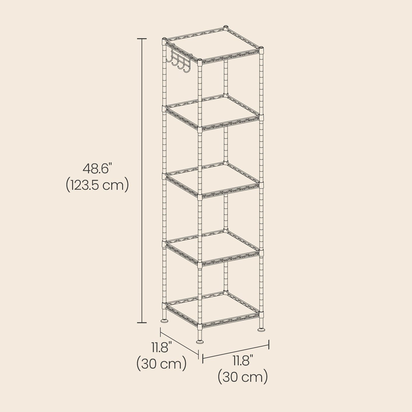 Metal Bathroom Shelf - Black - 5-Tier with Removable Hooks and Expandable Design