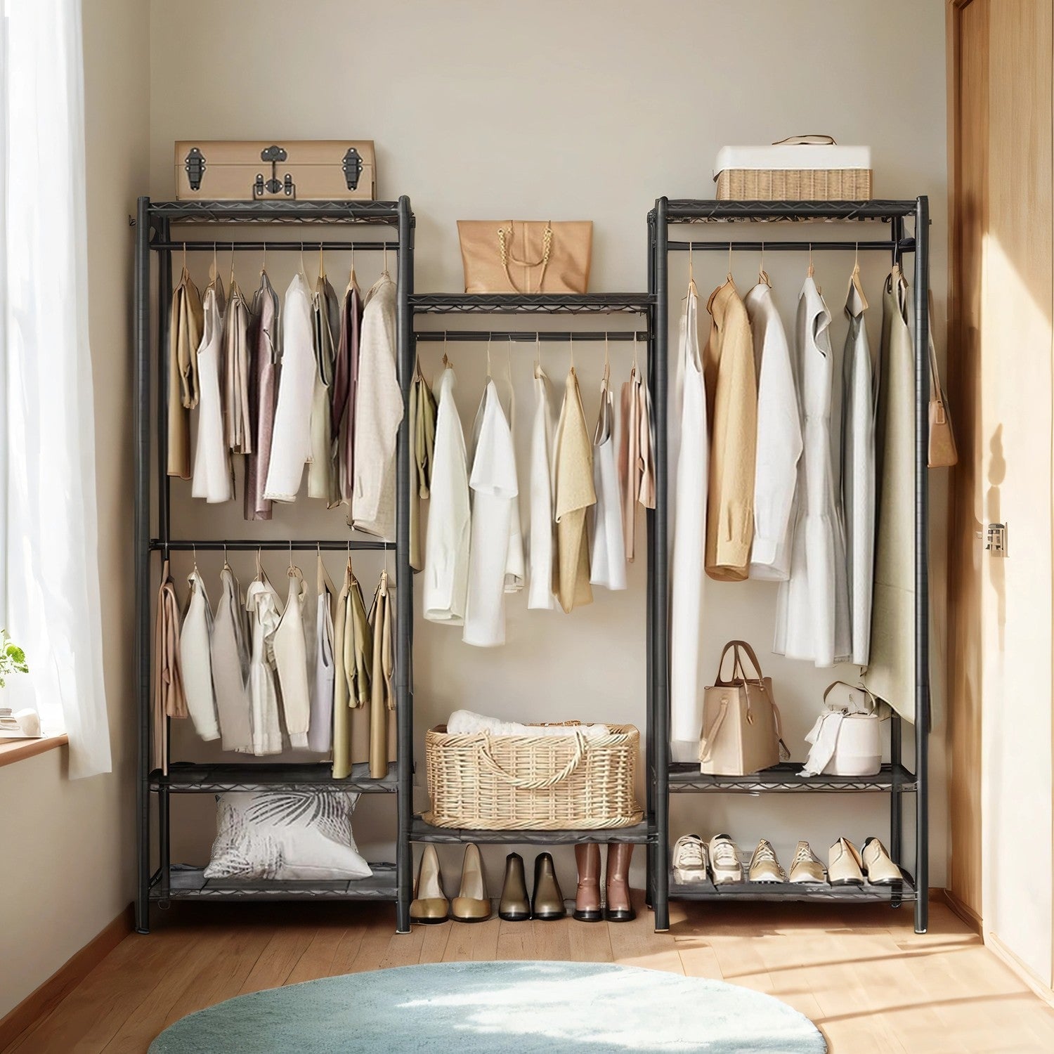 Portable Open Wardrobe - Heavy-Duty Metal - Black - Adjustable Shelves and Hanging Rails