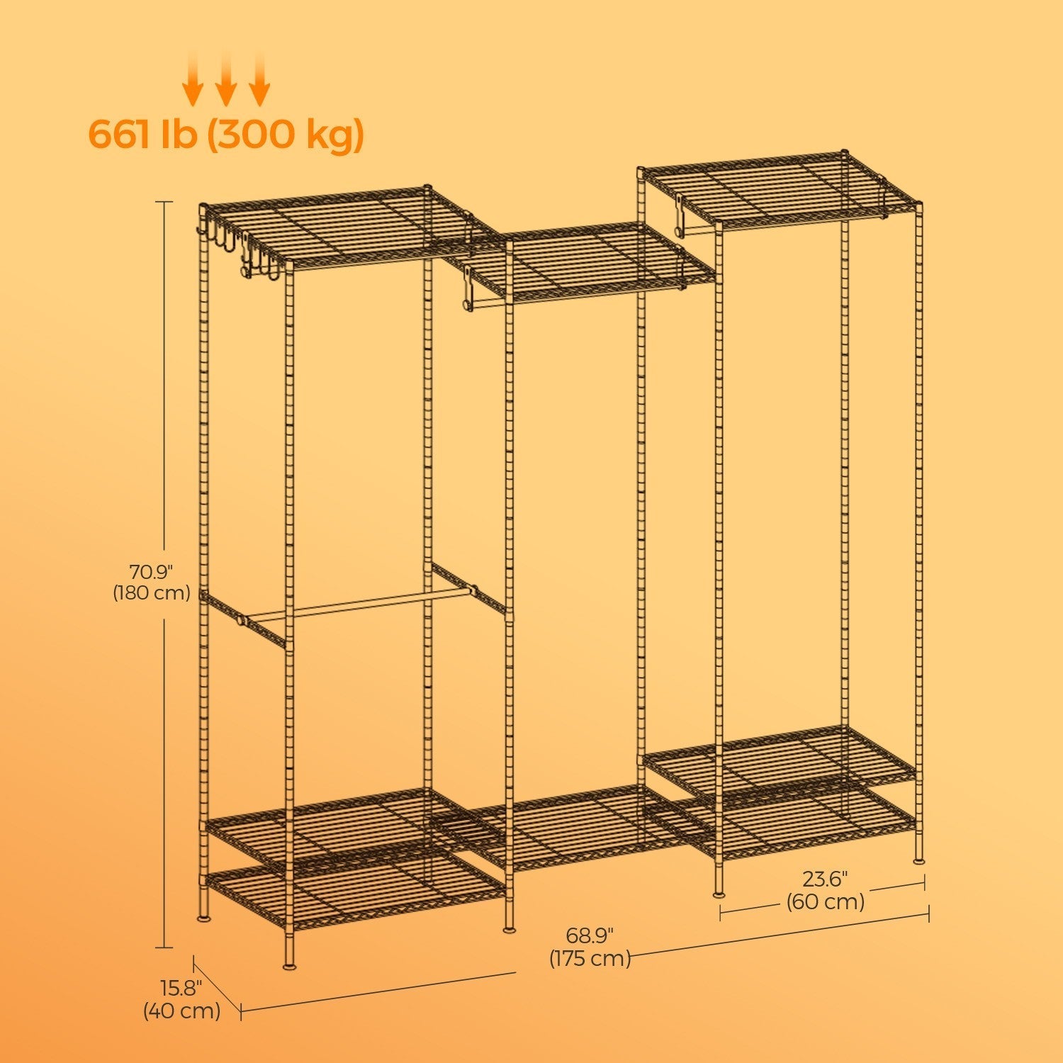 Portable Open Wardrobe - Heavy-Duty Metal - Black - Adjustable Shelves and Hanging Rails