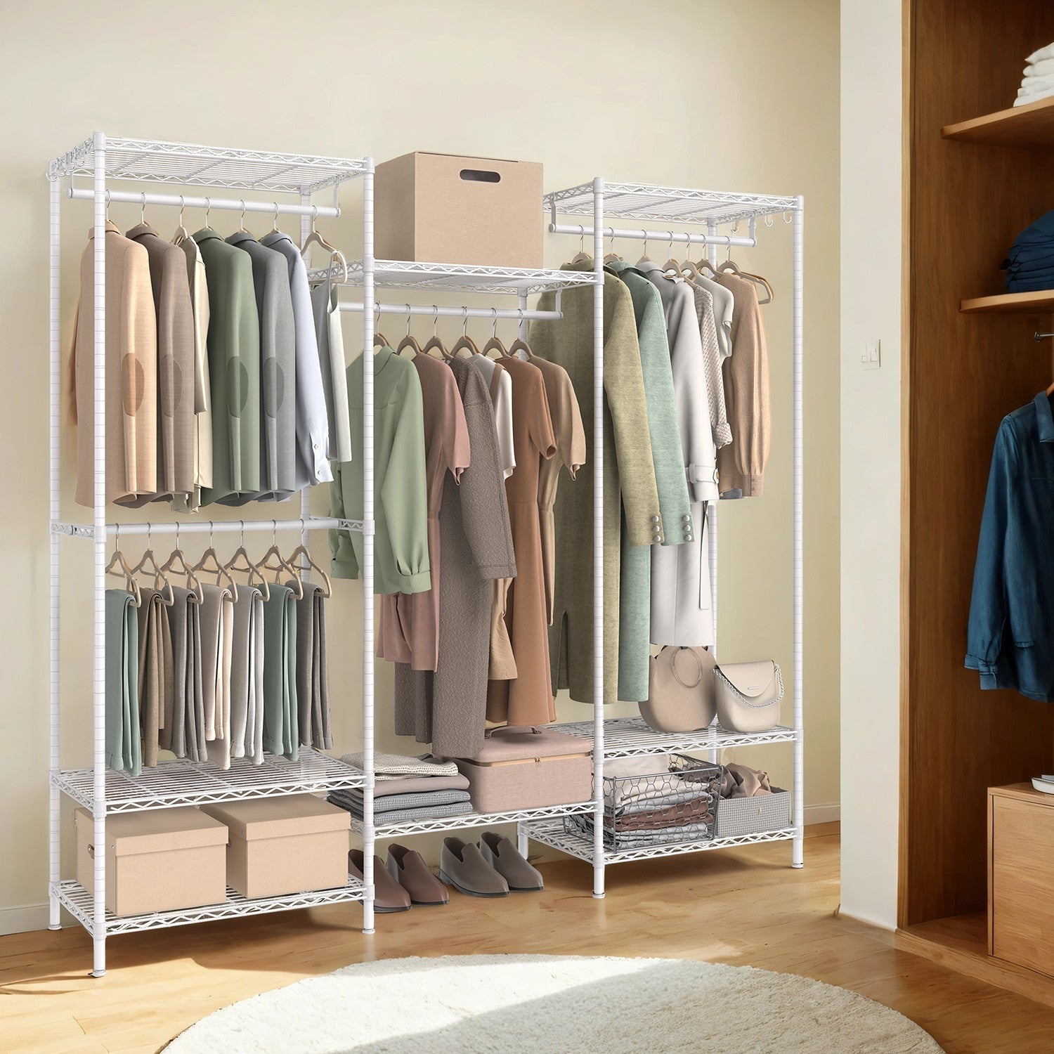 Portable Wardrobe - Heavy-Duty Metal - White - Adjustable Shelves and Hanging Rails