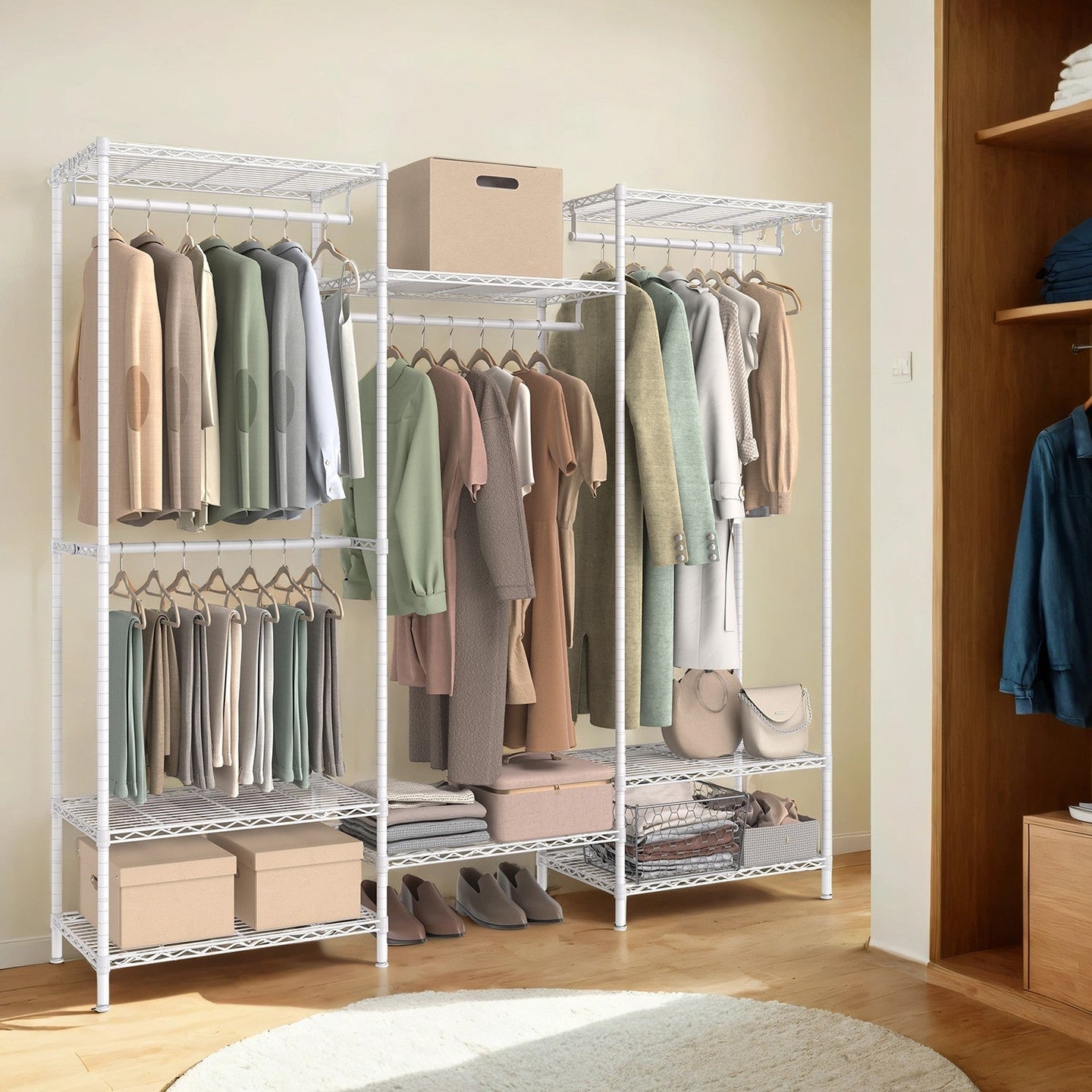 Portable Wardrobe - Heavy-Duty Metal - White - Adjustable Shelves and Hanging Rails