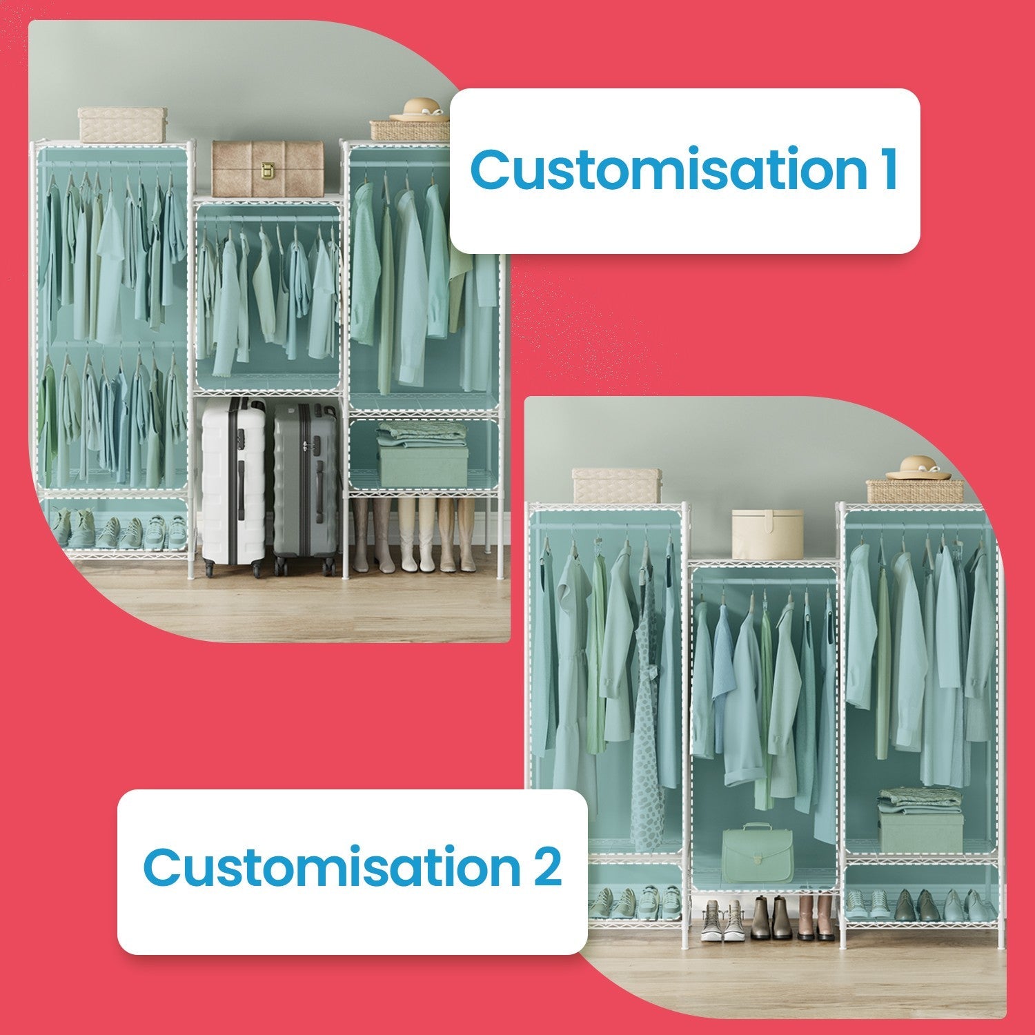 Portable Wardrobe - Heavy-Duty Metal - White - Adjustable Shelves and Hanging Rails