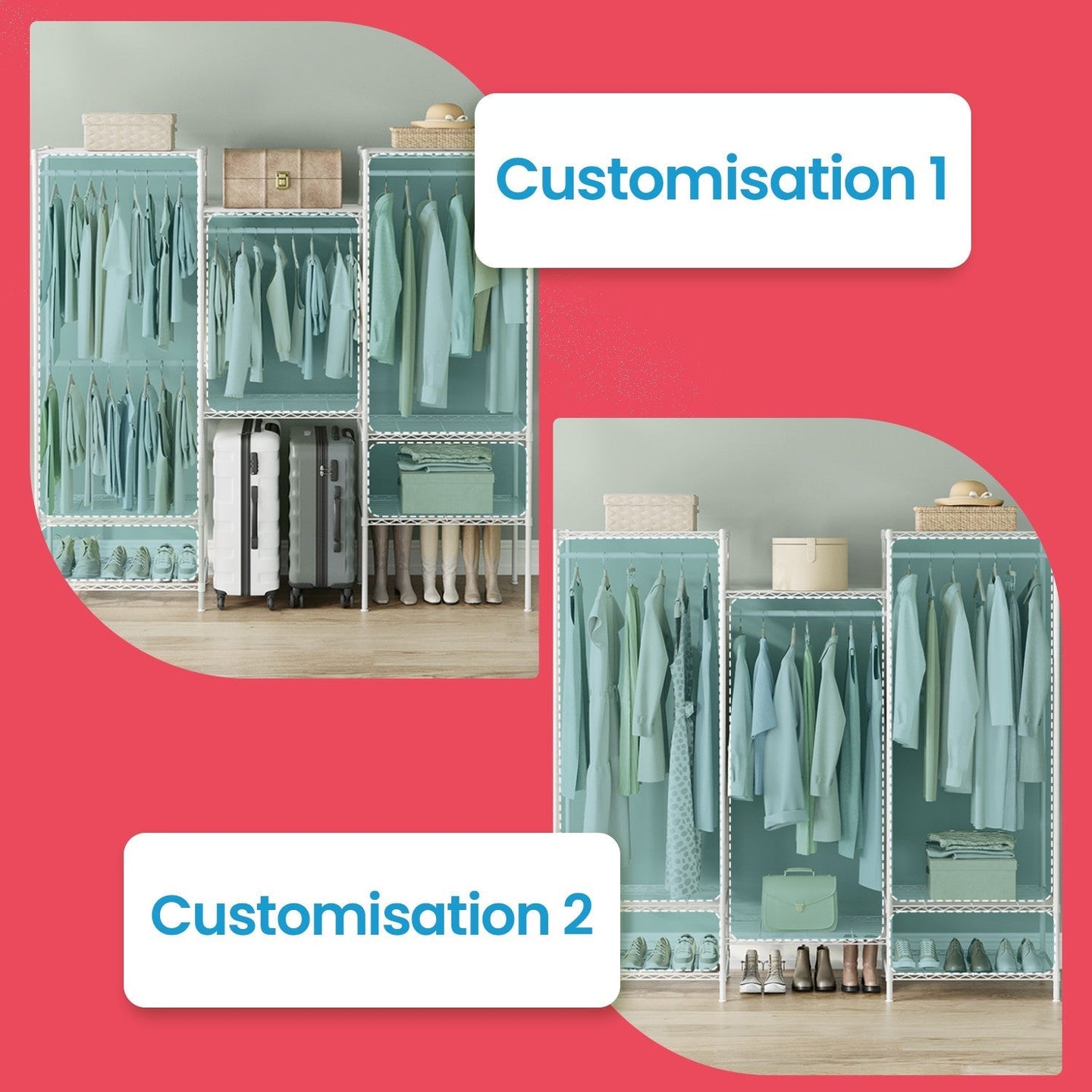 Portable Wardrobe - Heavy-Duty Metal - White - Adjustable Shelves and Hanging Rails