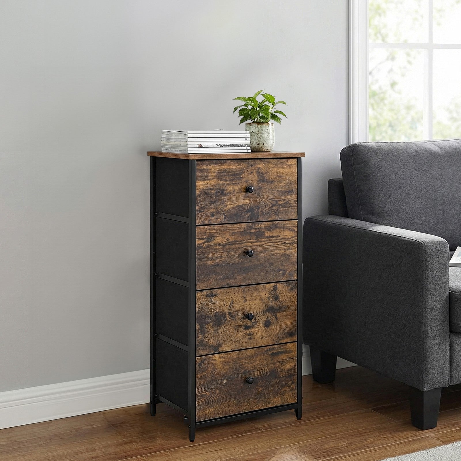 Tall Fabric Dresser - Wood Top and Steel - Brown - with Metal Frame