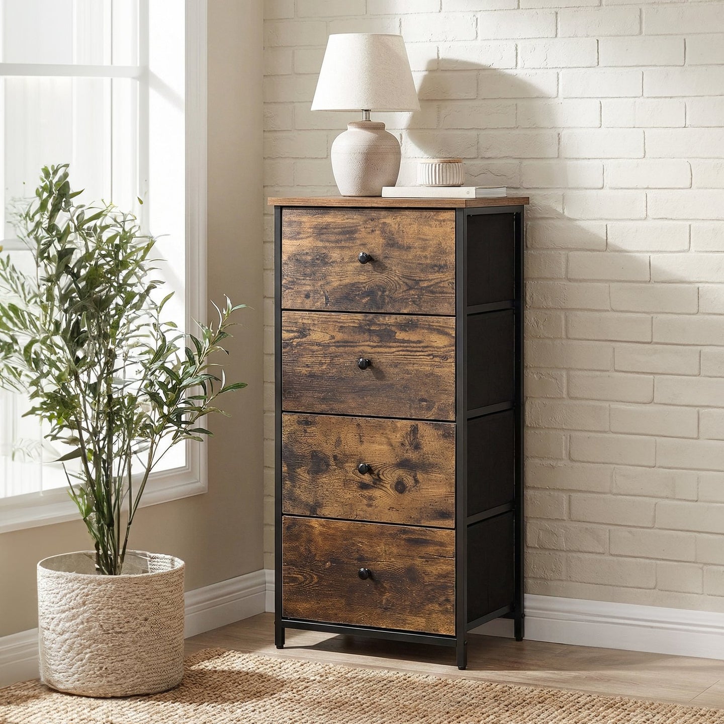 Tall Fabric Dresser - Wood Top and Steel - Brown - with Metal Frame