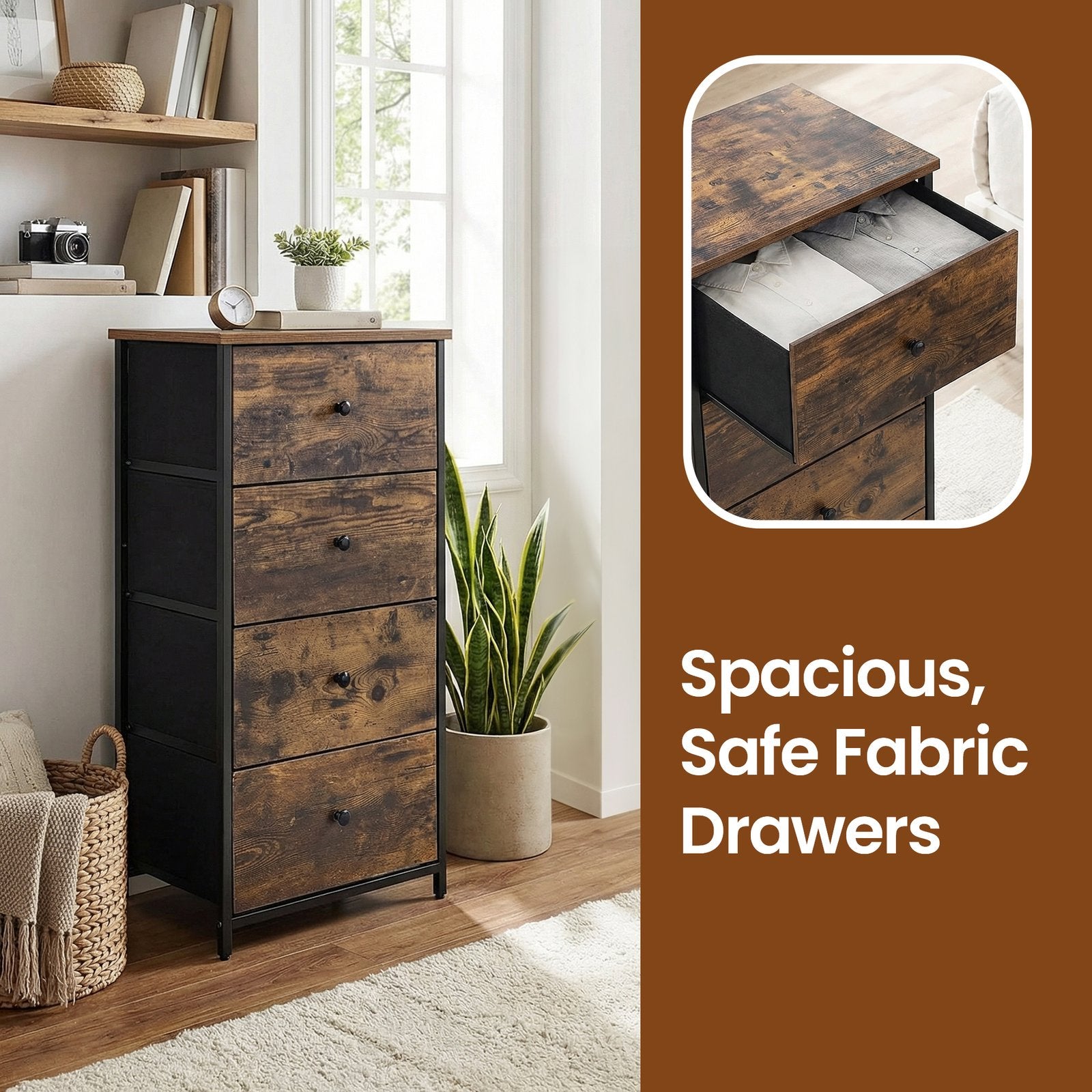 Tall Fabric Dresser - Wood Top and Steel - Brown - with Metal Frame