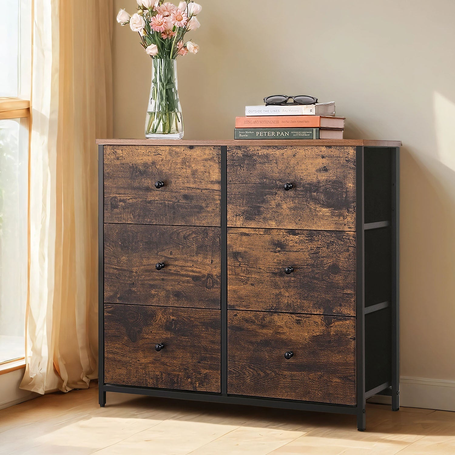 Dresser - 6 Storage Drawers - Metal Frame - Rustic Brown and Black