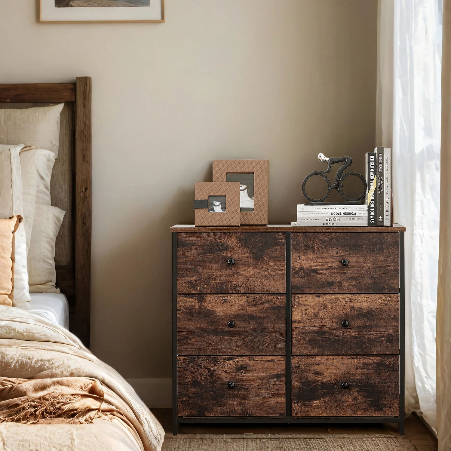 Dresser - 6 Storage Drawers - Metal Frame - Rustic Brown and Black