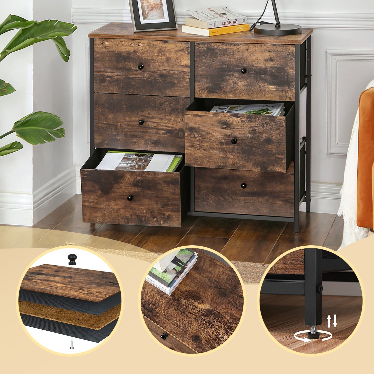 Dresser - 6 Storage Drawers - Metal Frame - Rustic Brown and Black