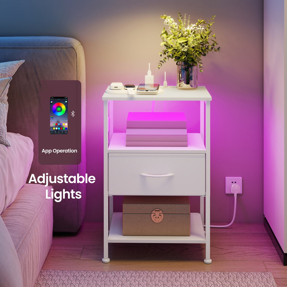 Bedroom Bedside Table - Steel - Cloud White - with LED Lights