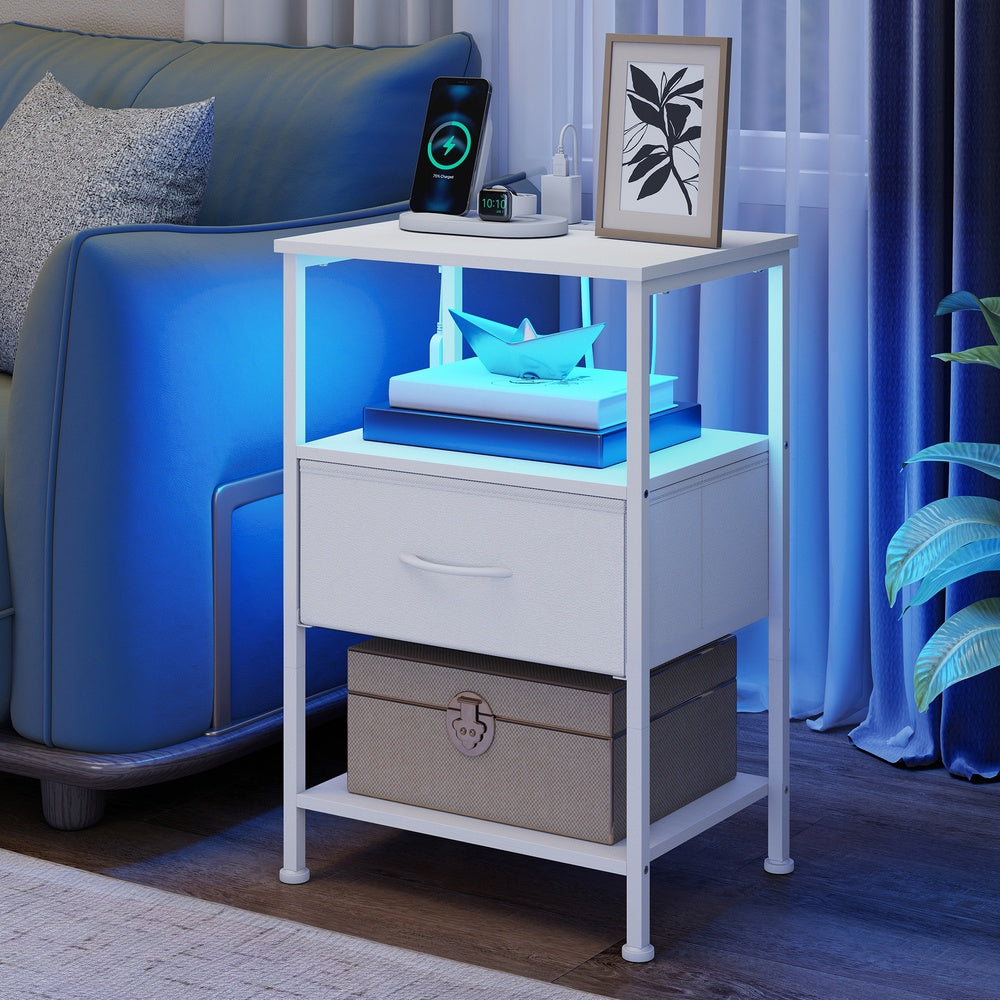Bedroom Bedside Table - Steel - Cloud White - with LED Lights