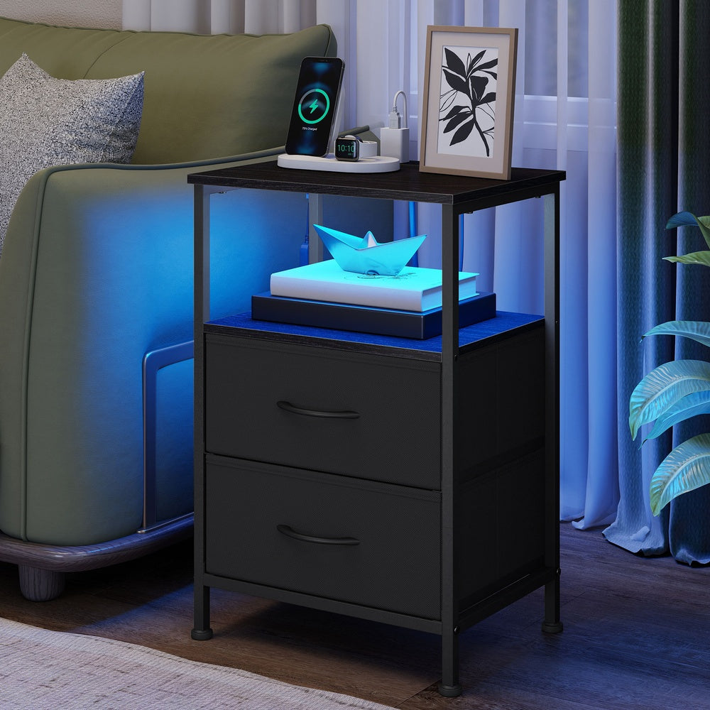 Bedroom Bedside Table - Steel - Cloud White - with LED Lights