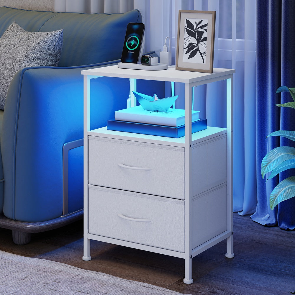 Bedroom Bedside Table - Steel - with LED Lights - Cloud White