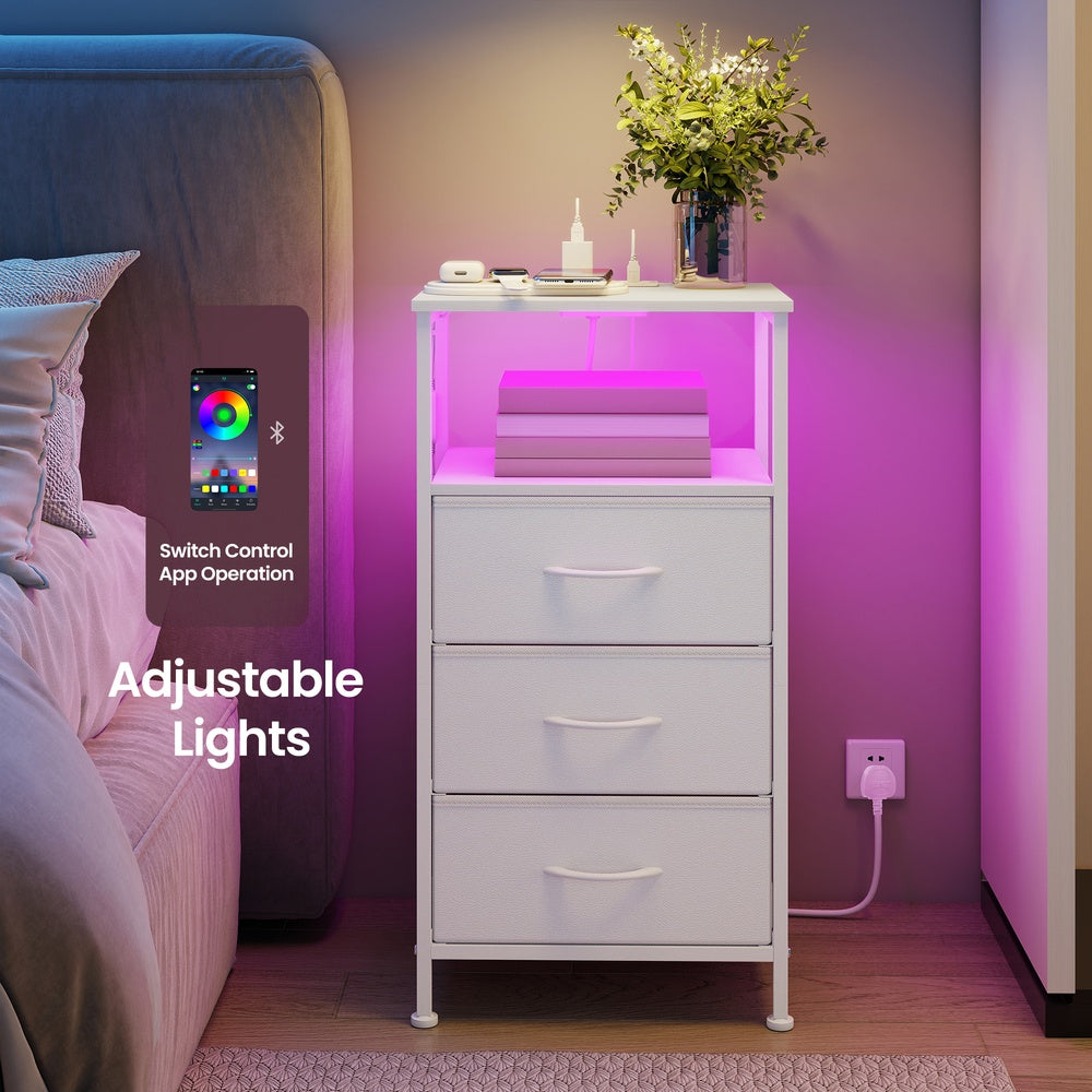 Bedroom Bedside Table - Steel - Cloud White - with LED Lights