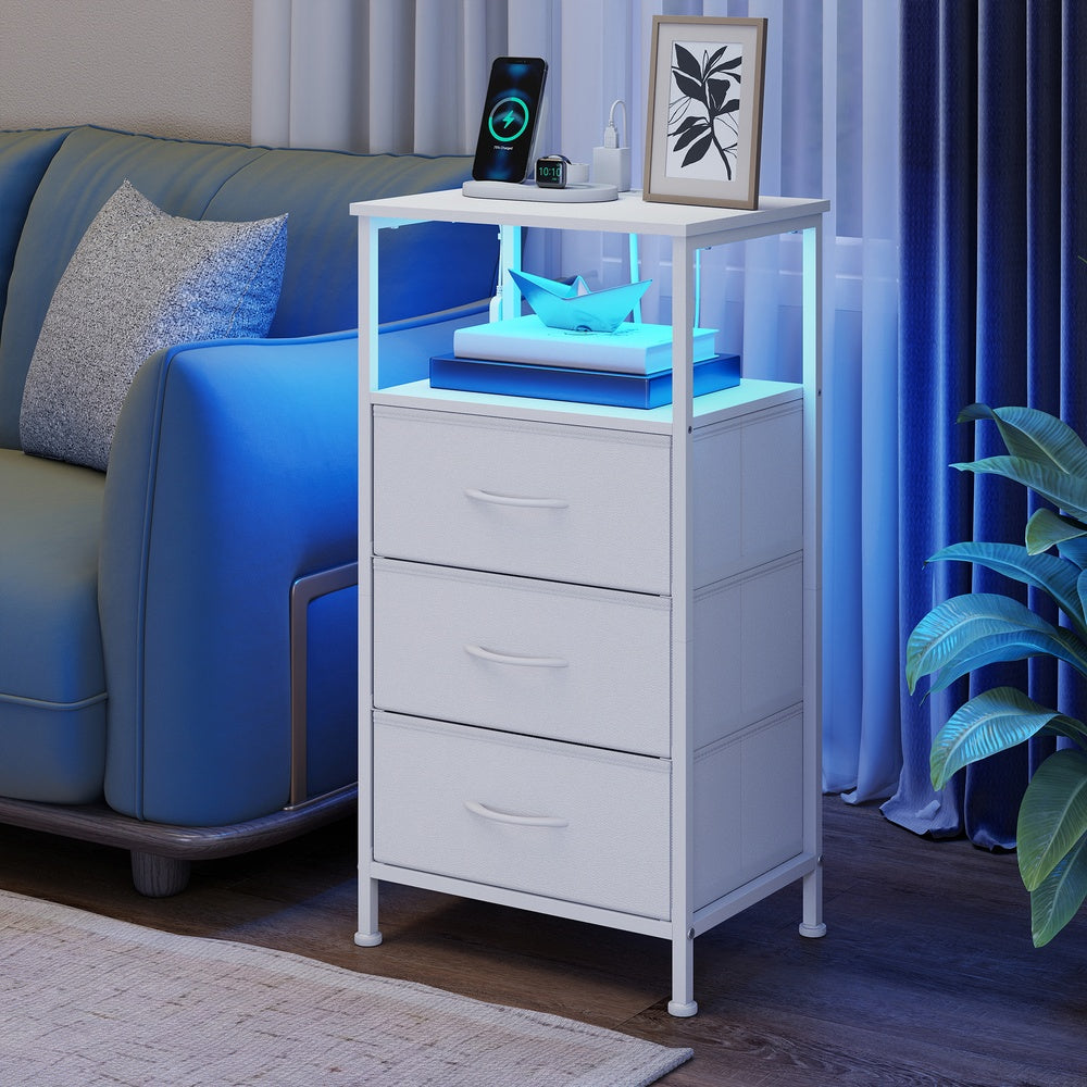 Bedroom Bedside Table - Steel - Cloud White - with LED Lights