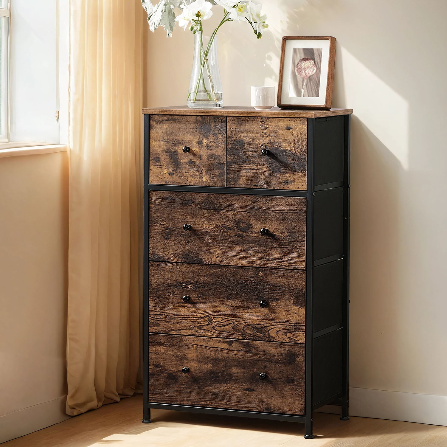 5-Drawer Fabric Dresser - Fabric - Rustic Brown and Black