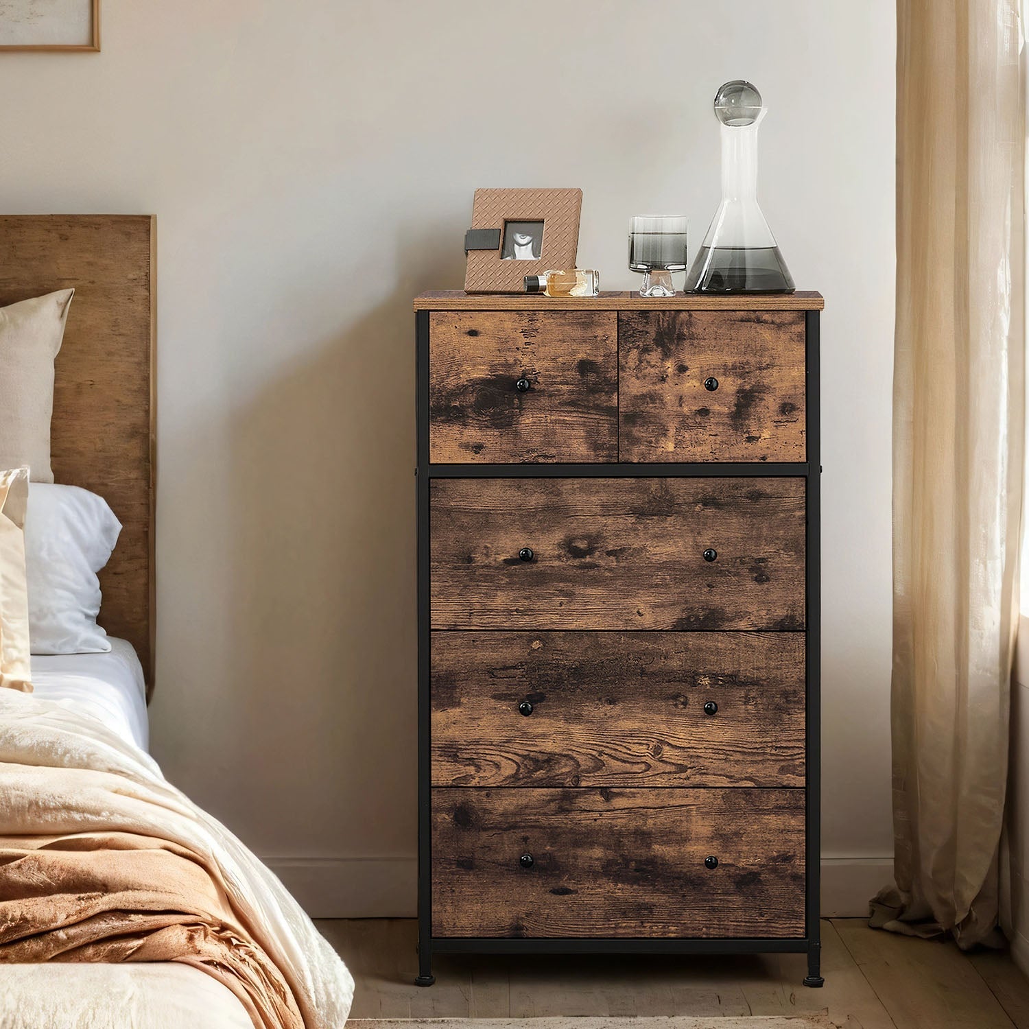 5-Drawer Fabric Dresser - Fabric - Rustic Brown and Black