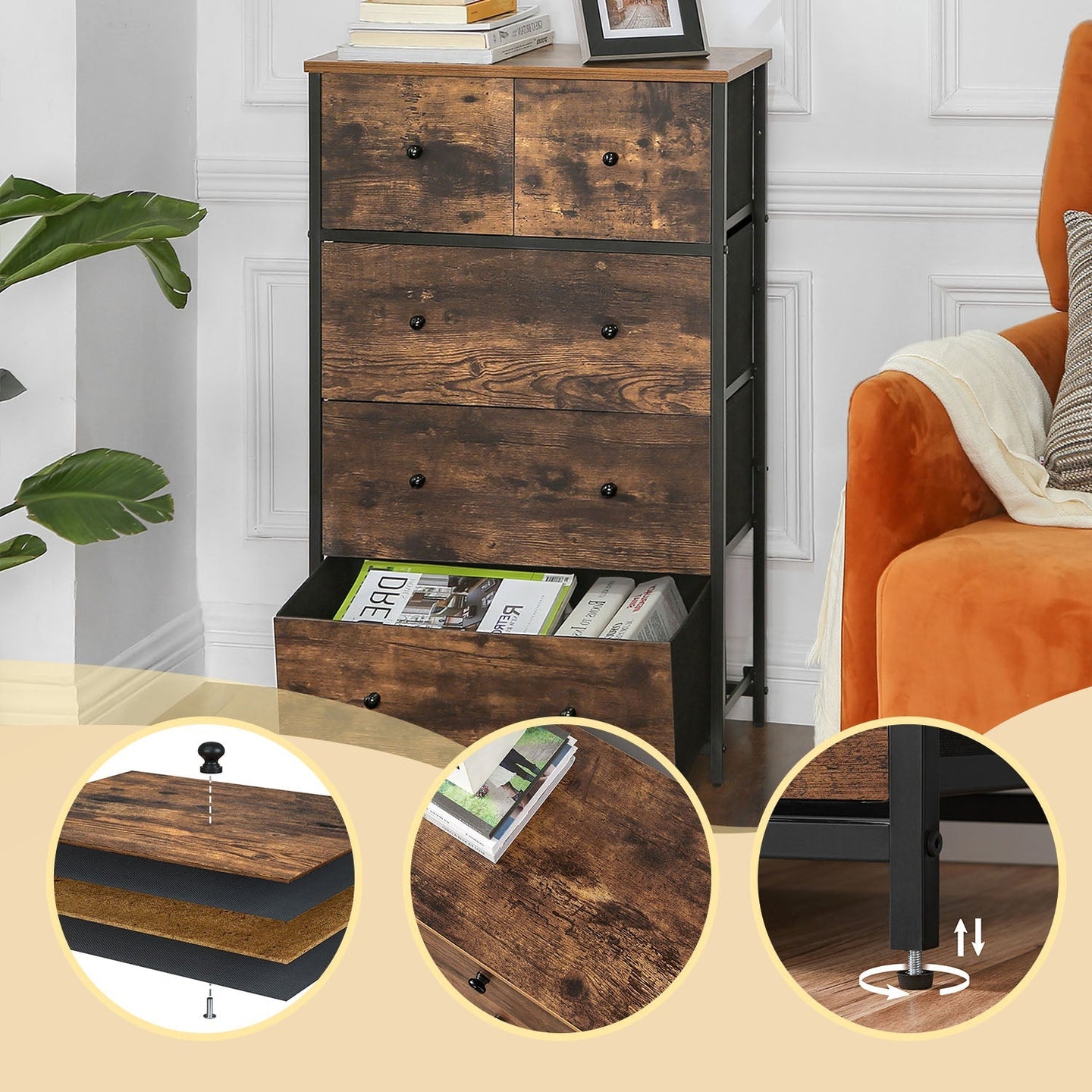 5-Drawer Fabric Dresser - Fabric - Rustic Brown and Black