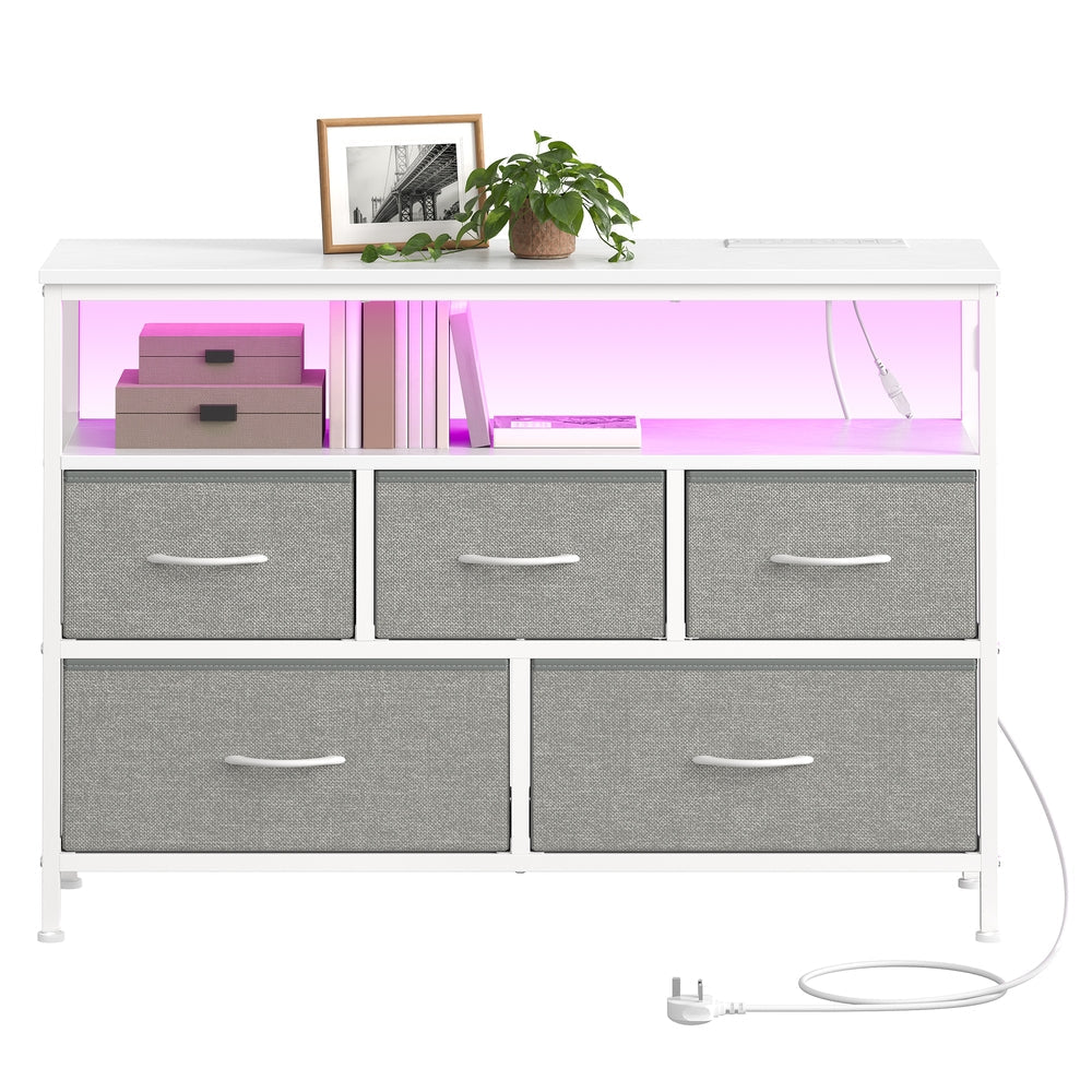 Dresser with LED Lights - 5 Drawers - Steel - Charging Station