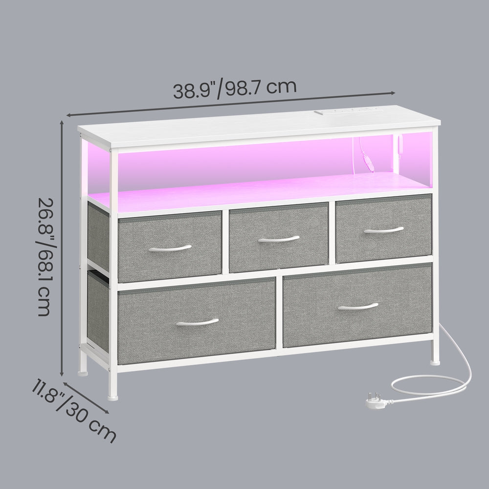 Dresser with LED Lights - 5 Drawers - Steel - Charging Station