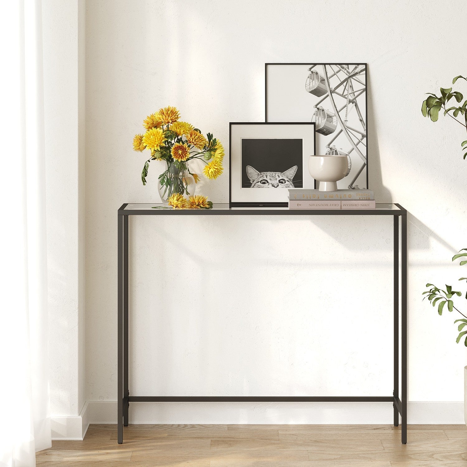 Console Table - Tempered Glass - Gold - Sturdy Metal Frame with Adjustable Feet