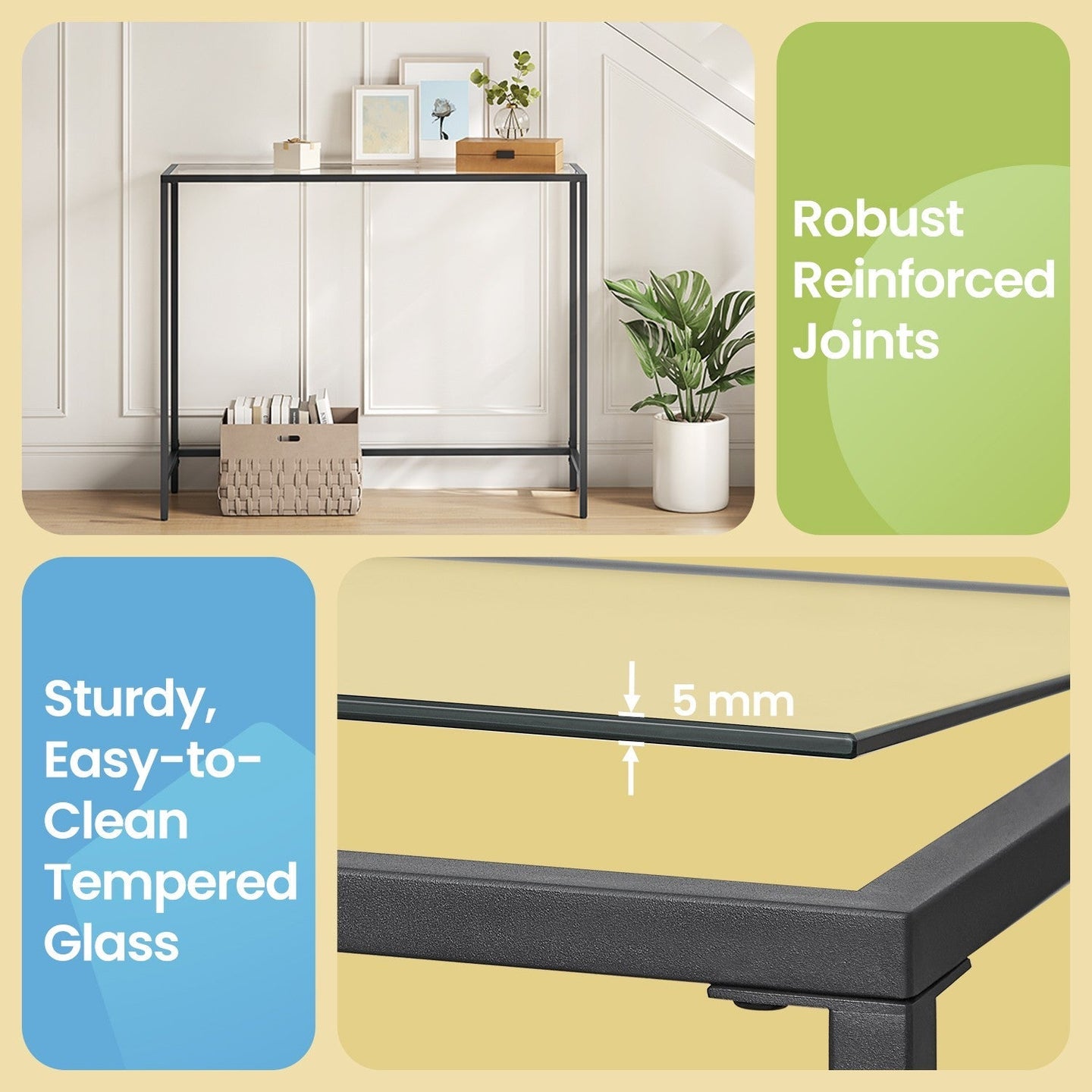 Console Table - Tempered Glass - Gold - Sturdy Metal Frame with Adjustable Feet