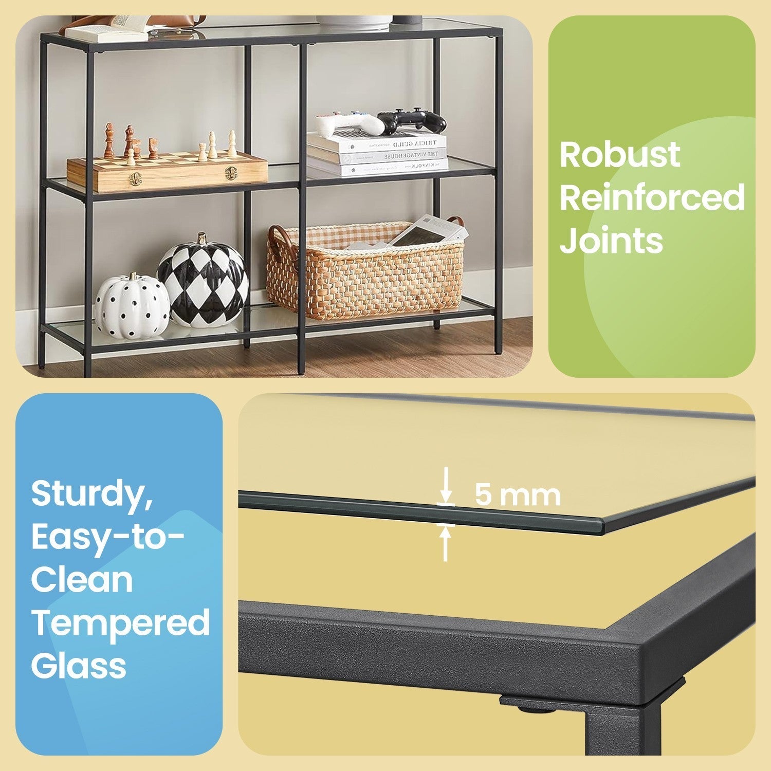 Console Table - Tempered Glass - Black - 3-Tier Design for Hallway and Living Room