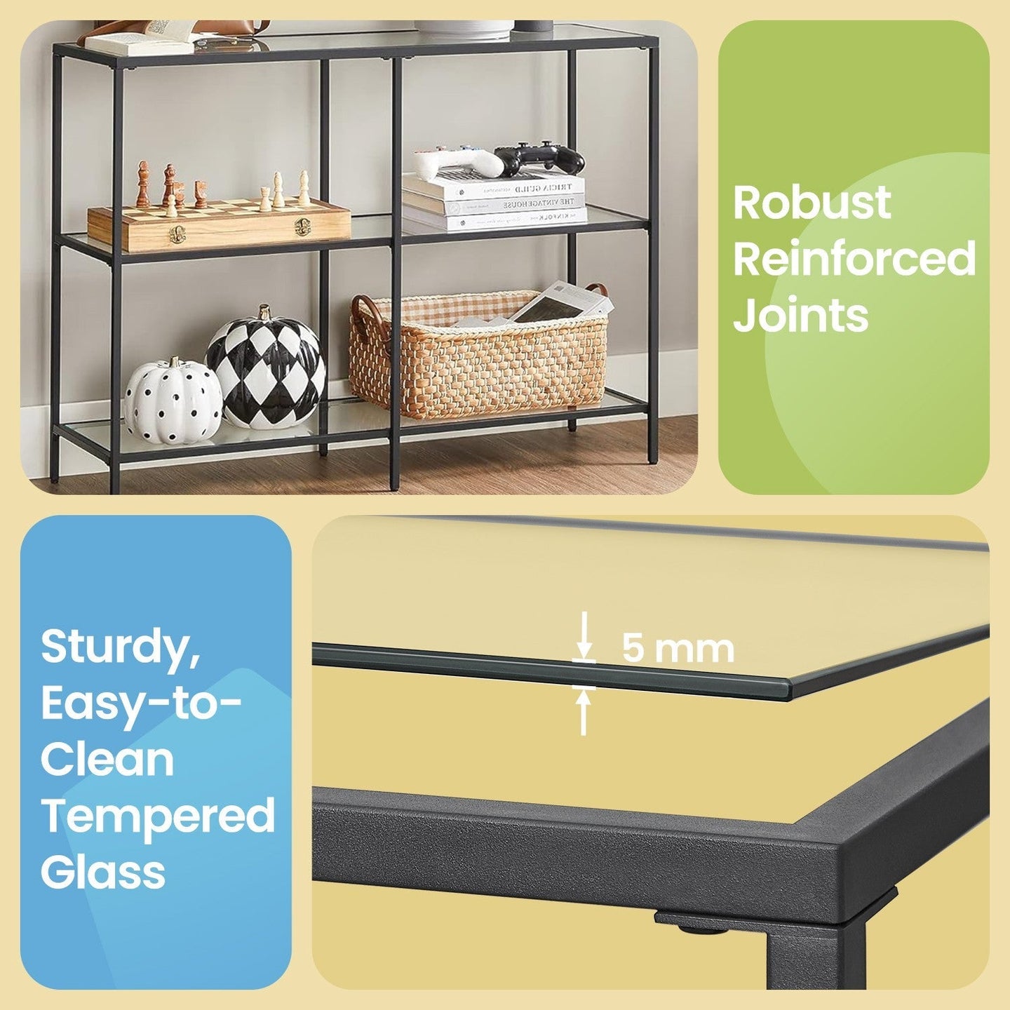 Console Table - Tempered Glass - Black - 3-Tier Design for Hallway and Living Room