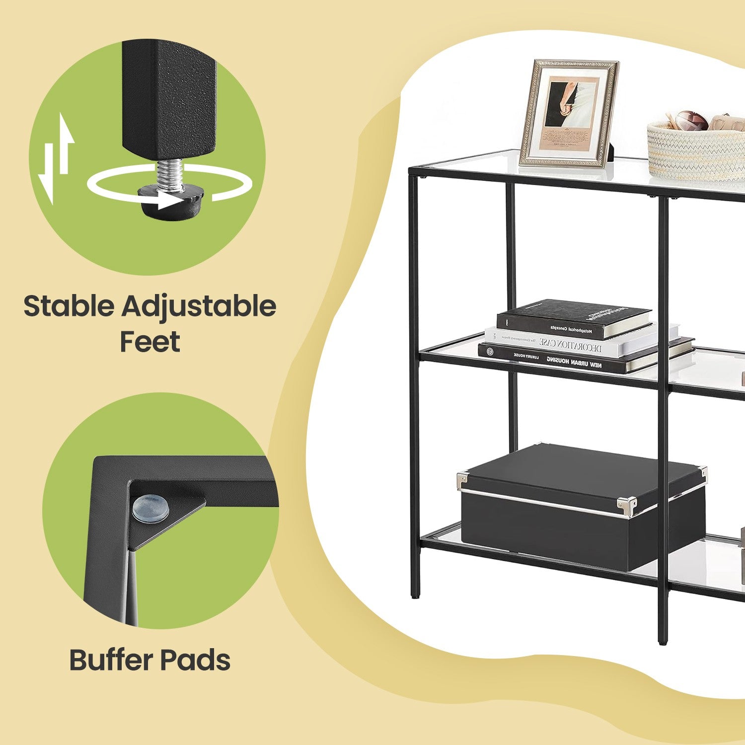 Console Table - Tempered Glass - Black - 3-Tier Design for Hallway and Living Room