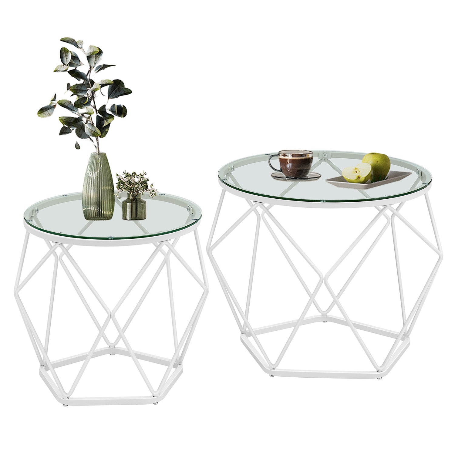 Set of 2 Round Coffee Tables - Tempered Glass and Steel - Transparent