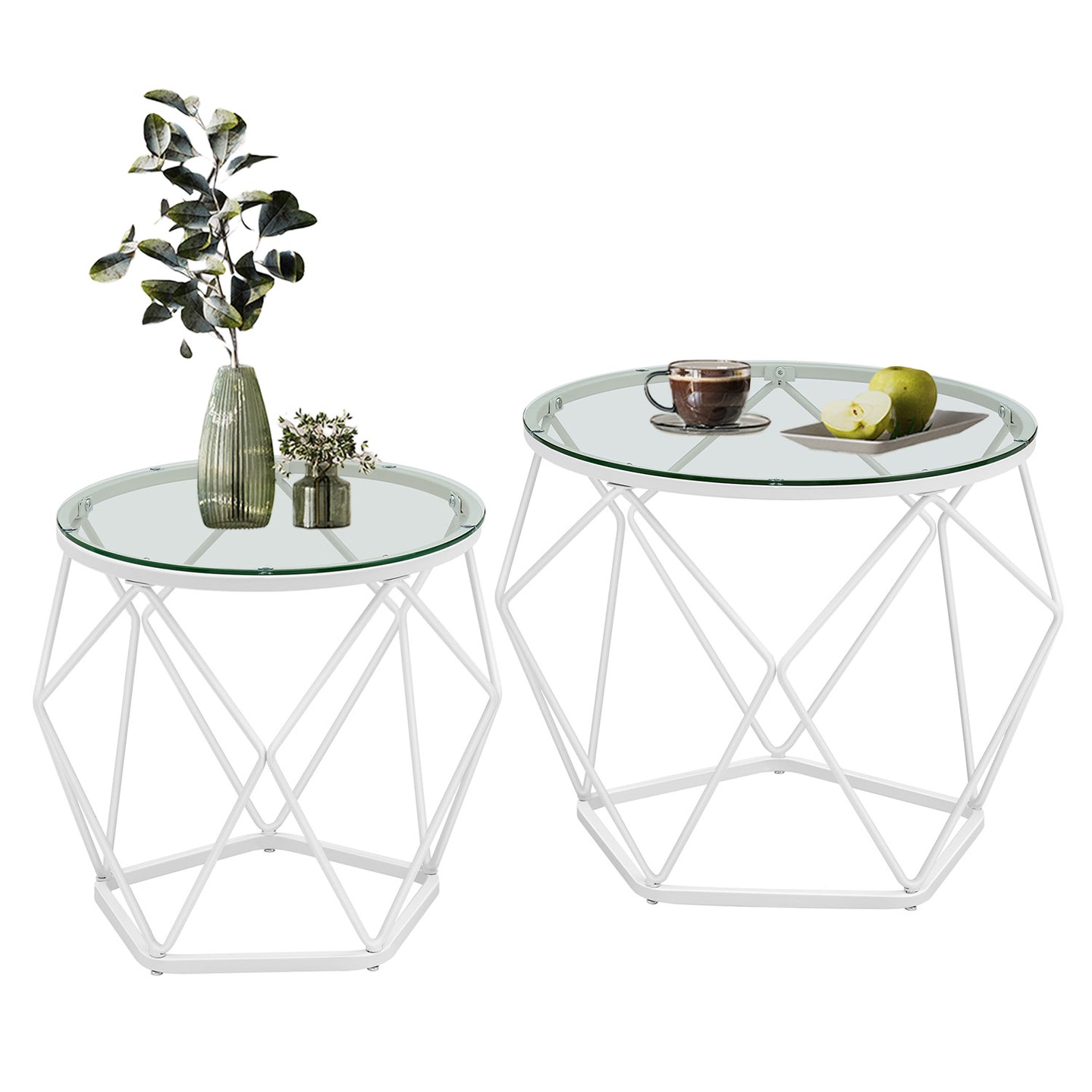 Set of 2 Round Coffee Tables - Tempered Glass and Steel - Transparent