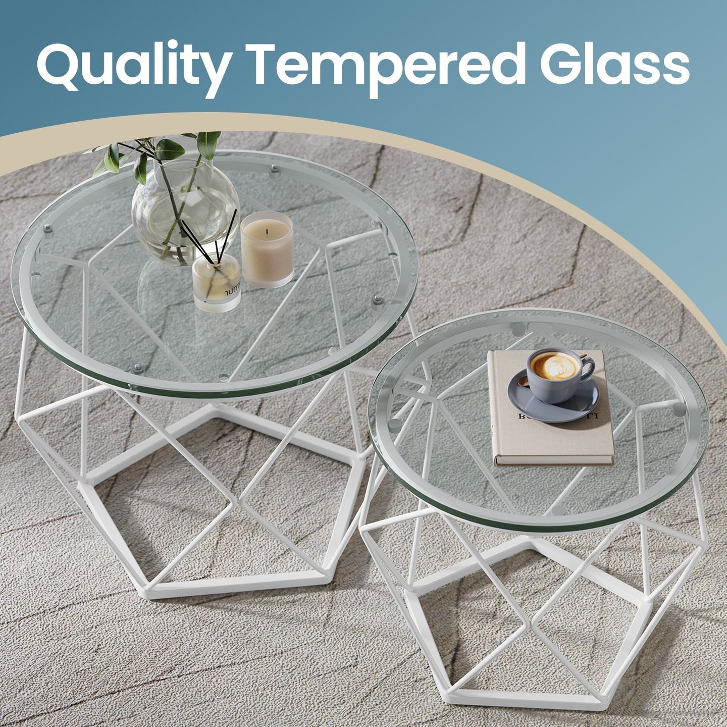 Set of 2 Round Coffee Tables - Tempered Glass and Steel - Transparent