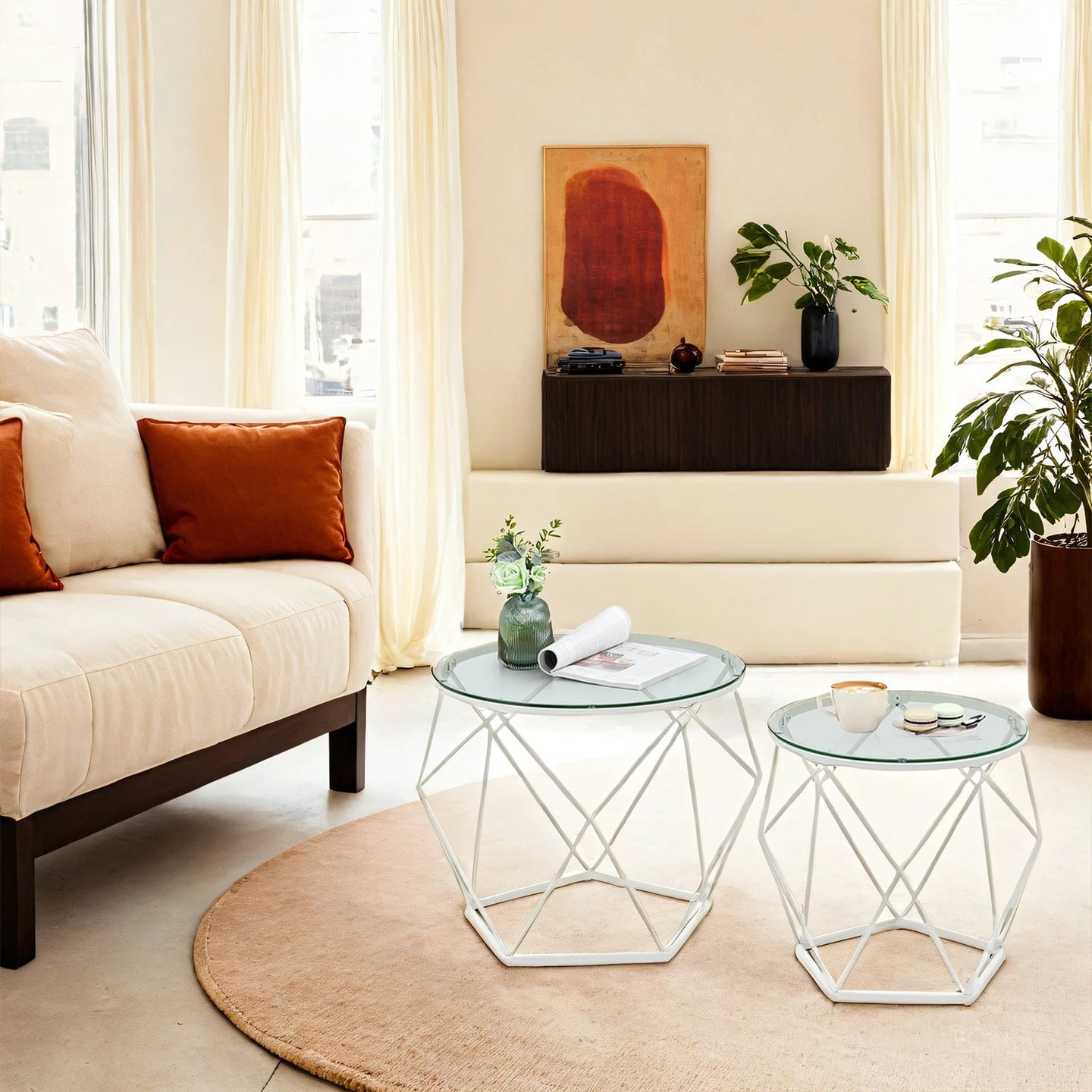 Set of 2 Round Coffee Tables - Tempered Glass and Steel - Transparent
