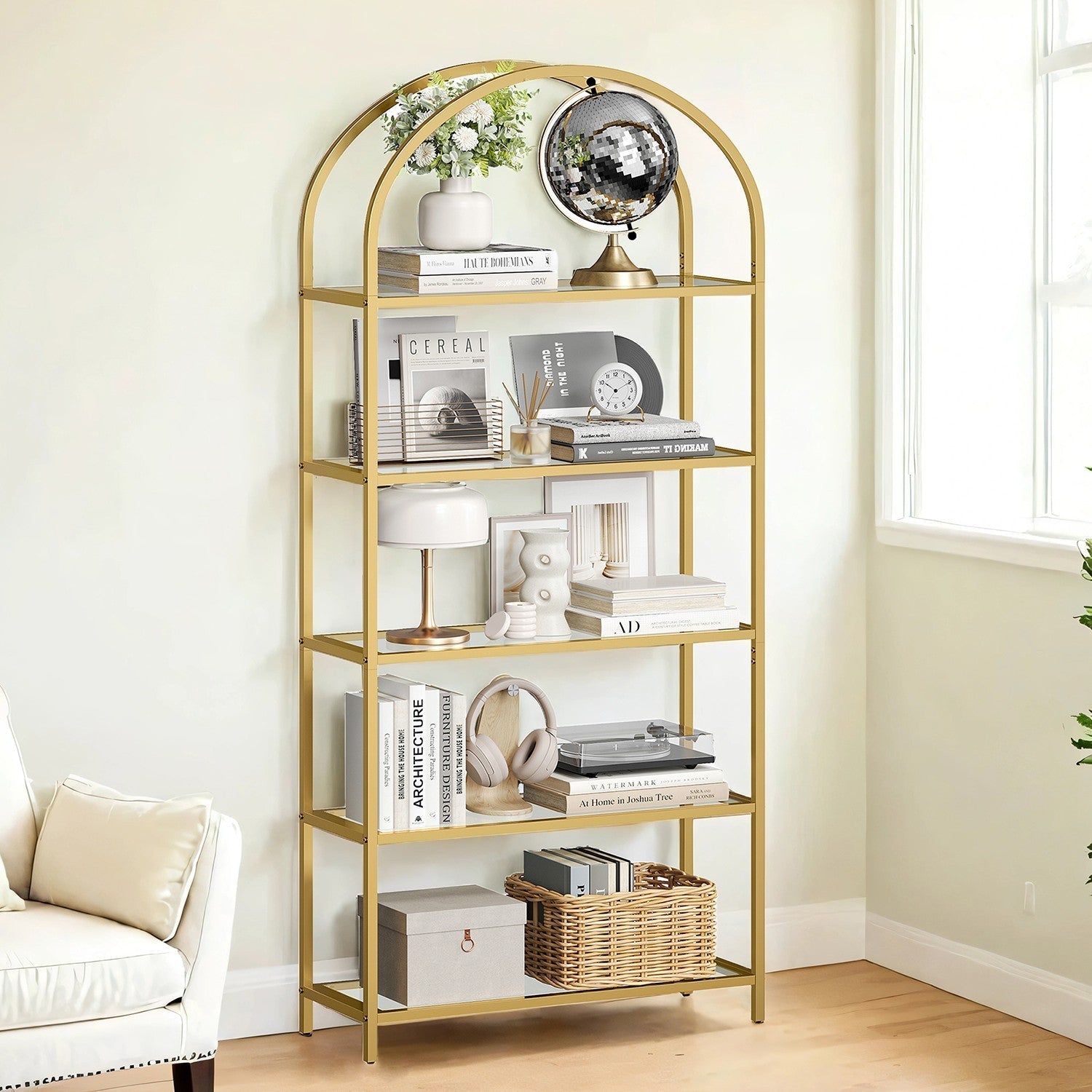 5-Tier Tempered Glass Shelving Unit - Steel Frame - Gold - Versatile Storage for Living Room
