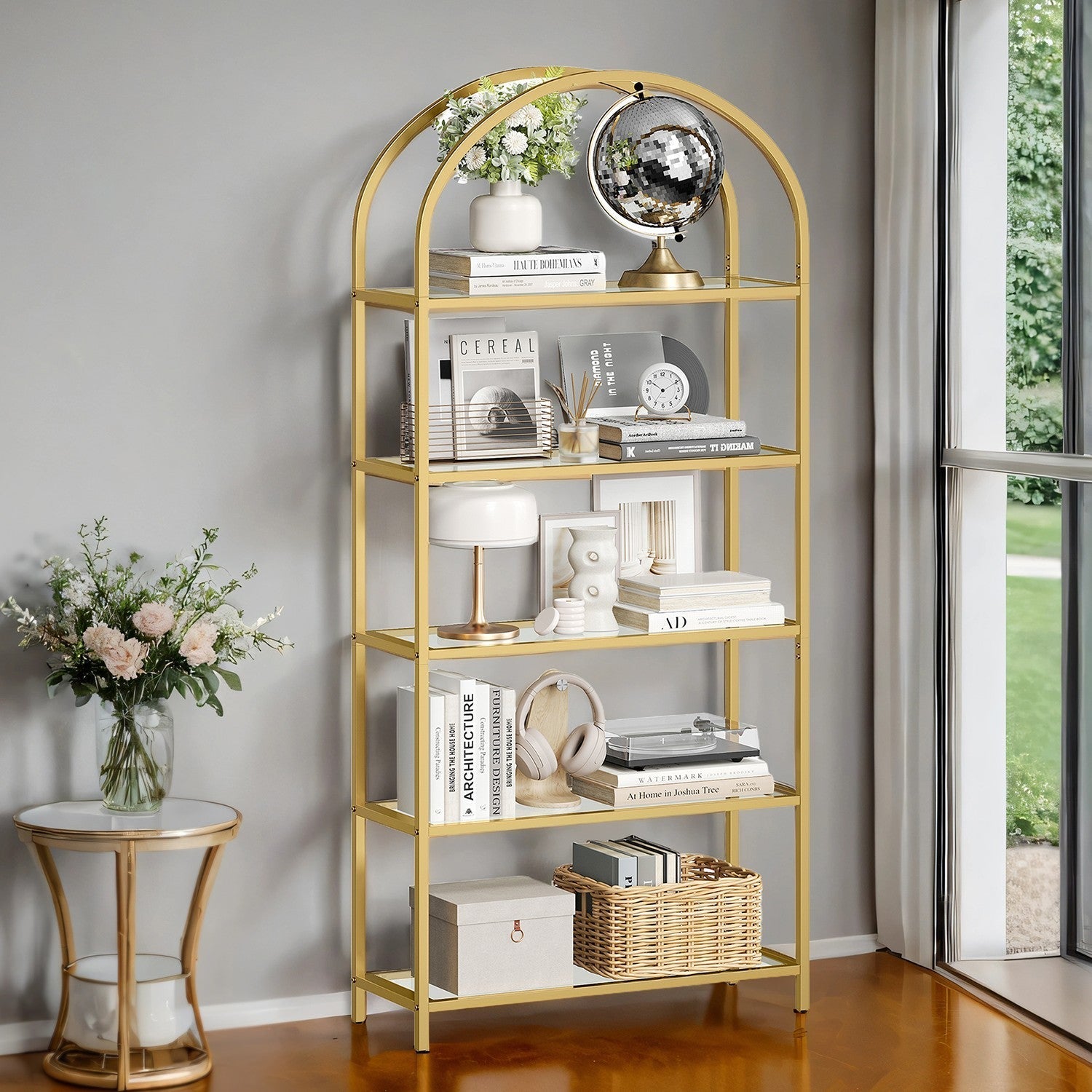 5-Tier Tempered Glass Shelving Unit - Steel Frame - Gold - Versatile Storage for Living Room