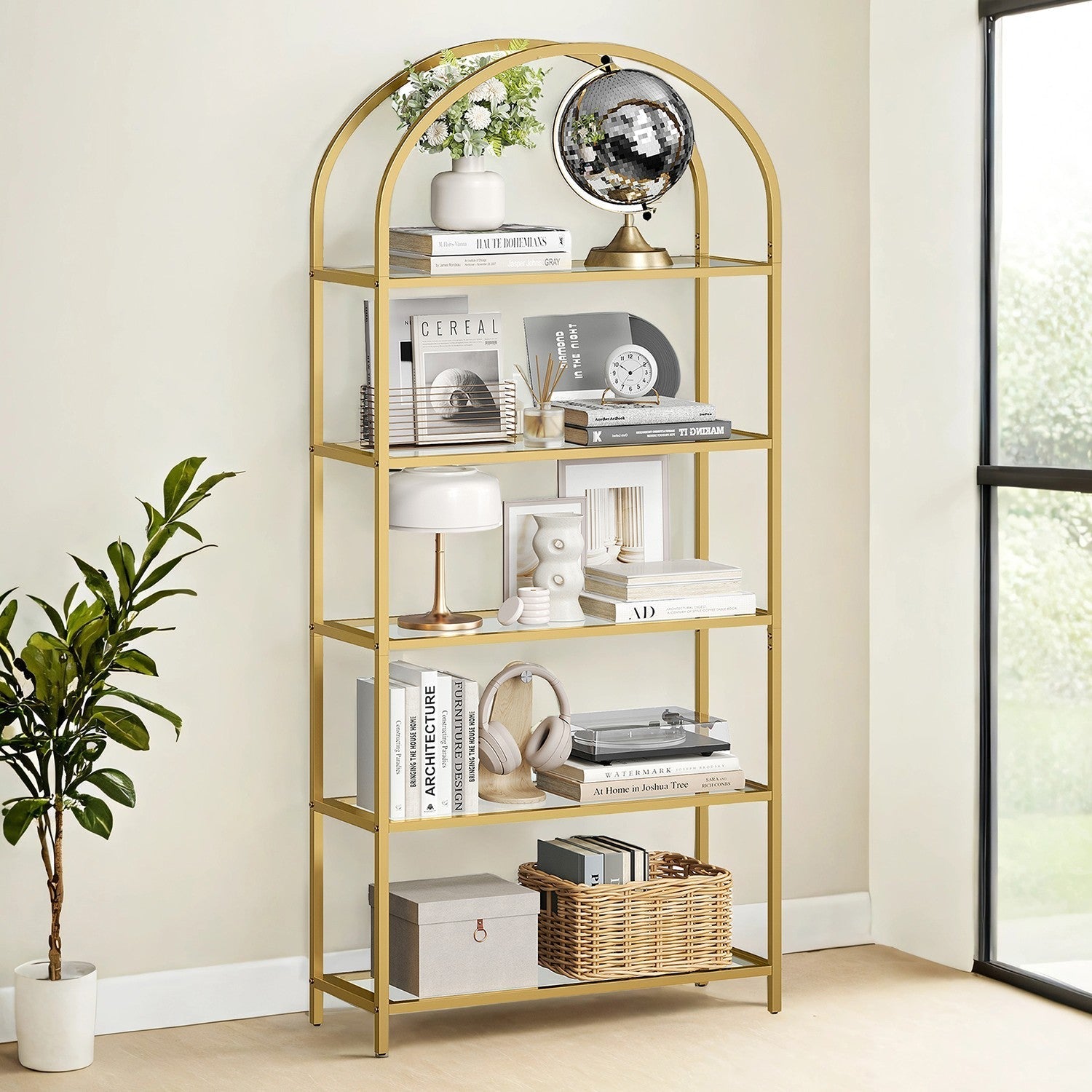 5-Tier Tempered Glass Shelving Unit - Steel Frame - Gold - Versatile Storage for Living Room