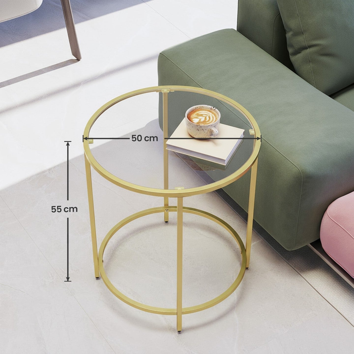 Round End Table - Tempered Glass - Gold - Robust Metal Frame