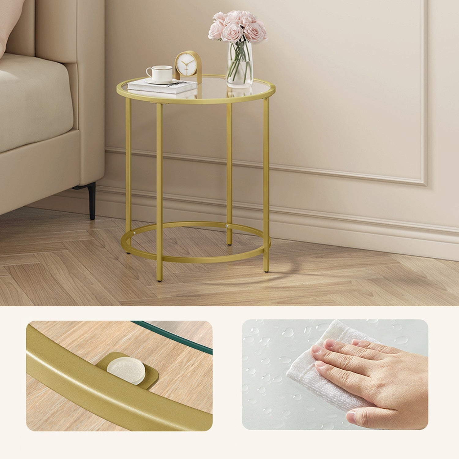 Round End Table - Tempered Glass - Gold - Robust Metal Frame