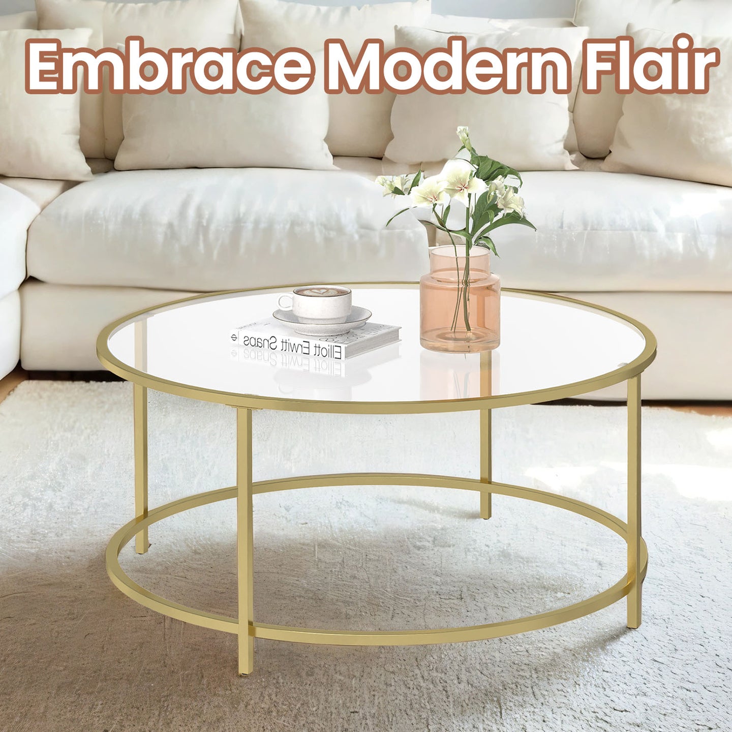 Glass Coffee Table - Steel and Tempered Glass - Gold