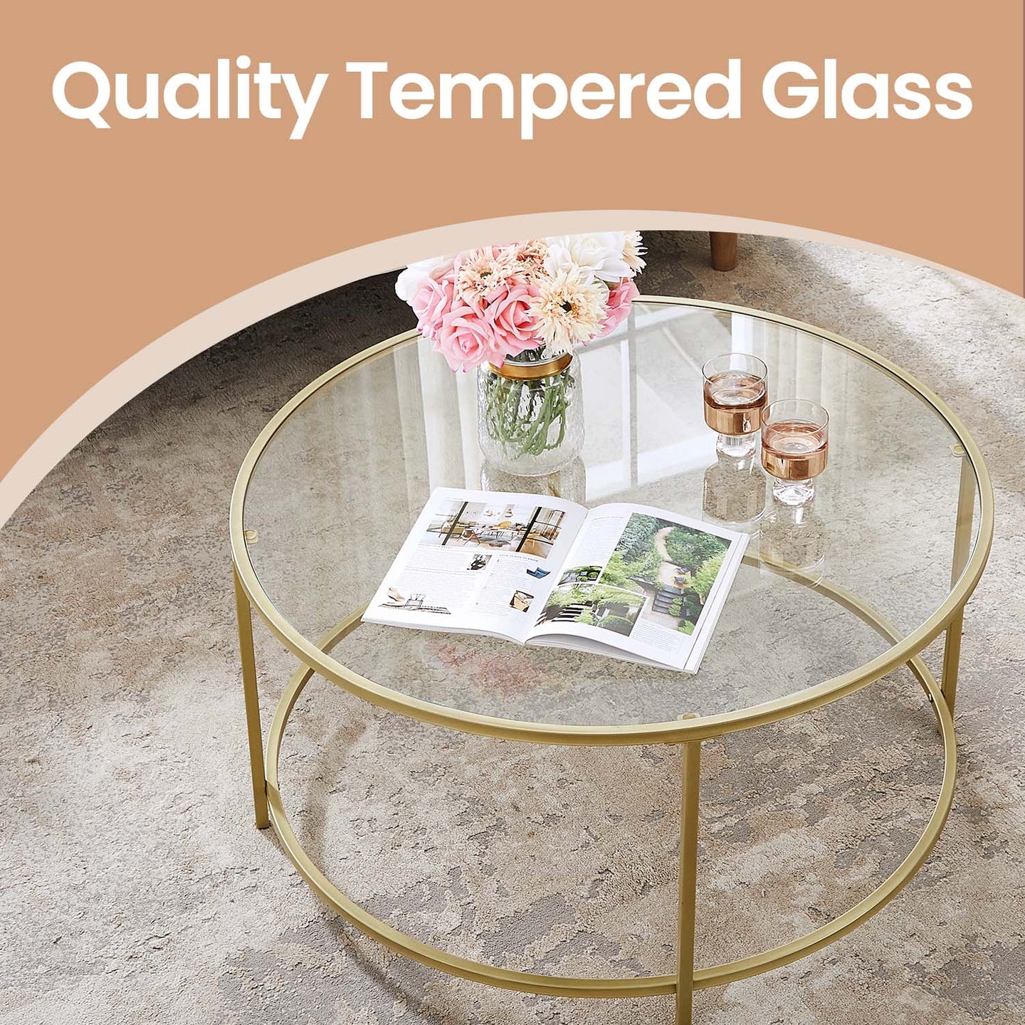 Glass Coffee Table - Steel and Tempered Glass - Gold