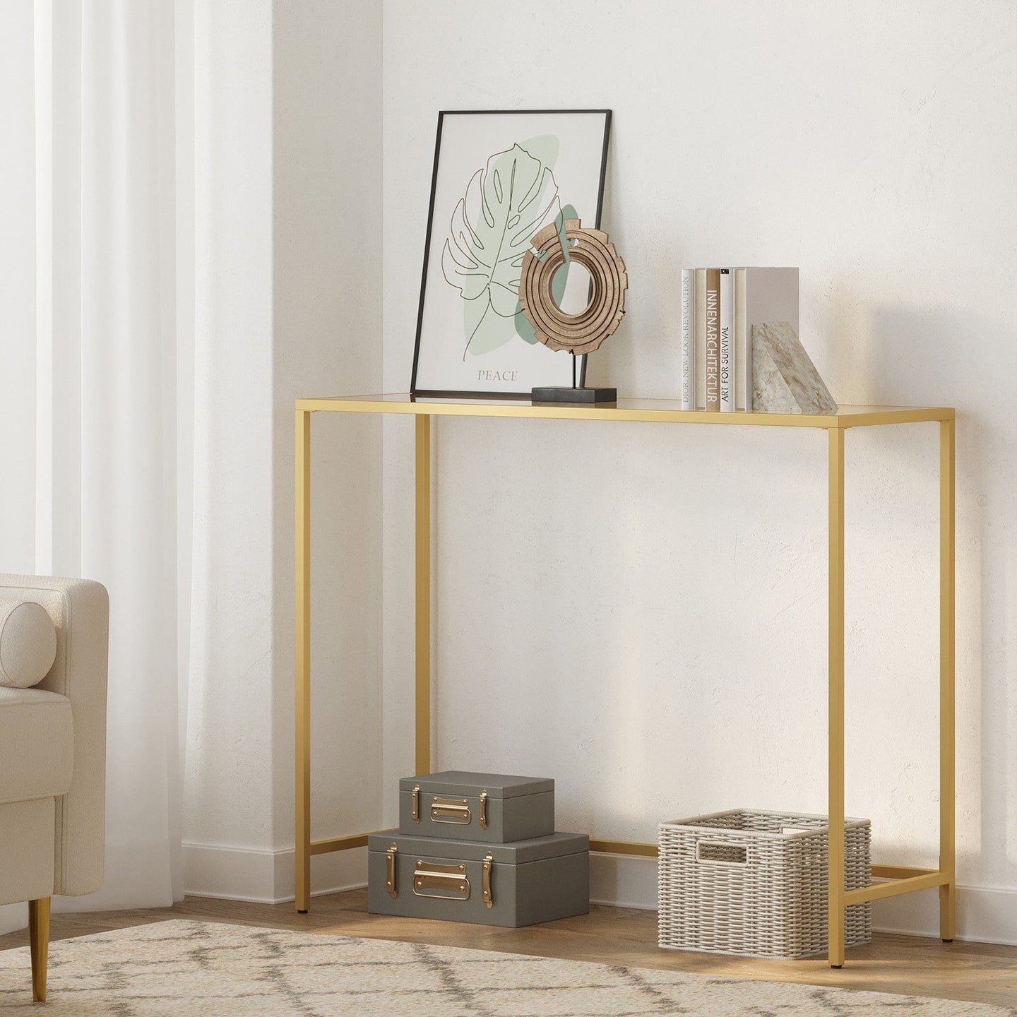 Modern Console Table - Tempered Glass - Gold - Sturdy Metal Frame with Adjustable Feet