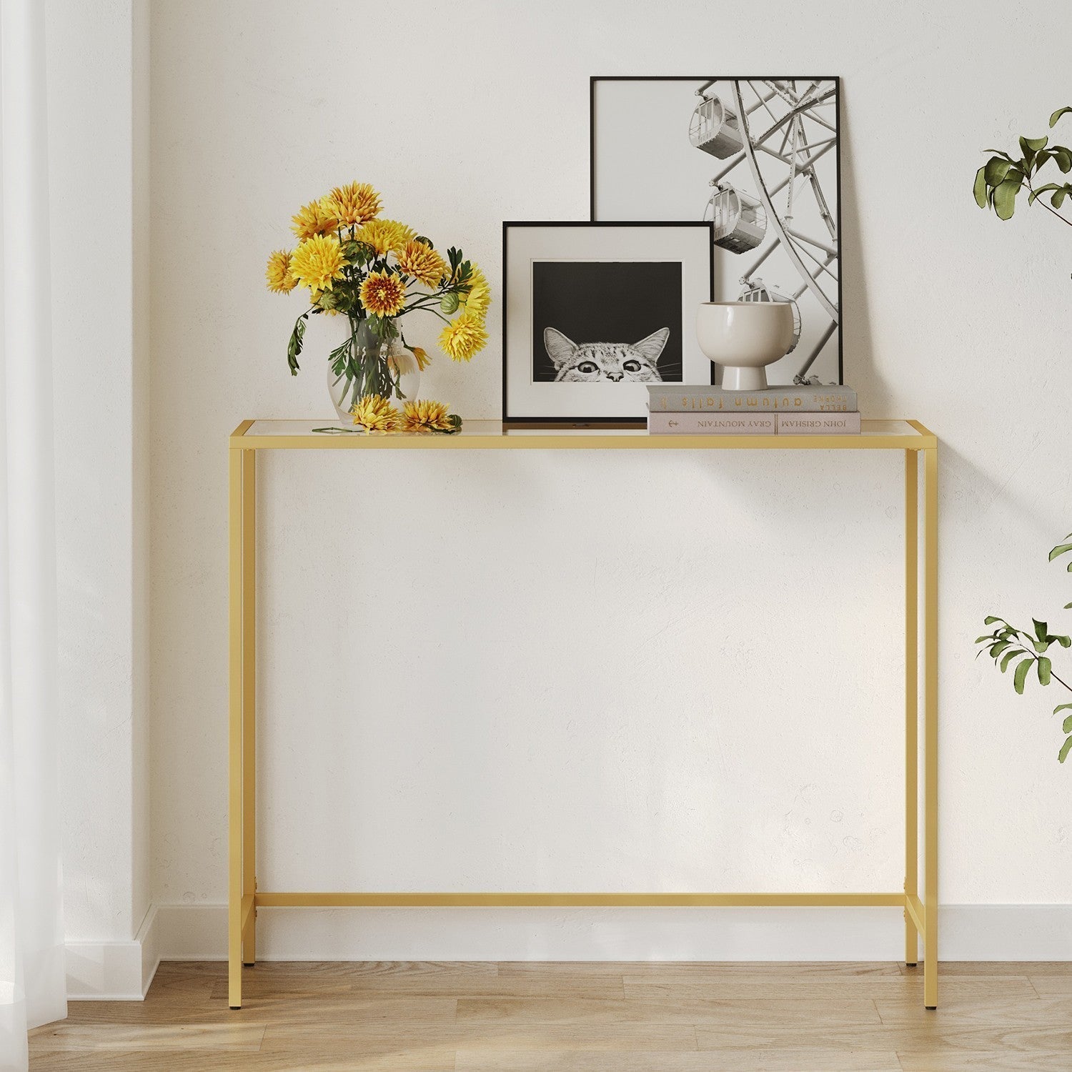 Modern Console Table - Tempered Glass - Gold - Sturdy Metal Frame with Adjustable Feet